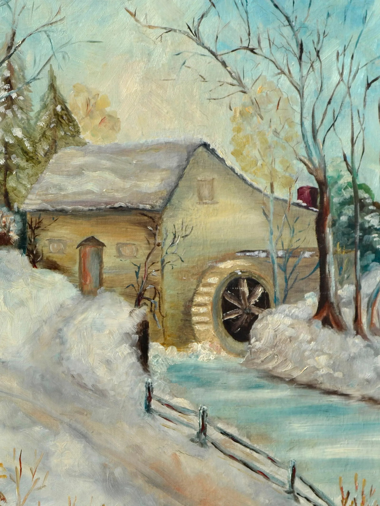 Early 20th Century "Snow Scene With Old Mill" Winter Landscape Painting by E. Harrison - 3