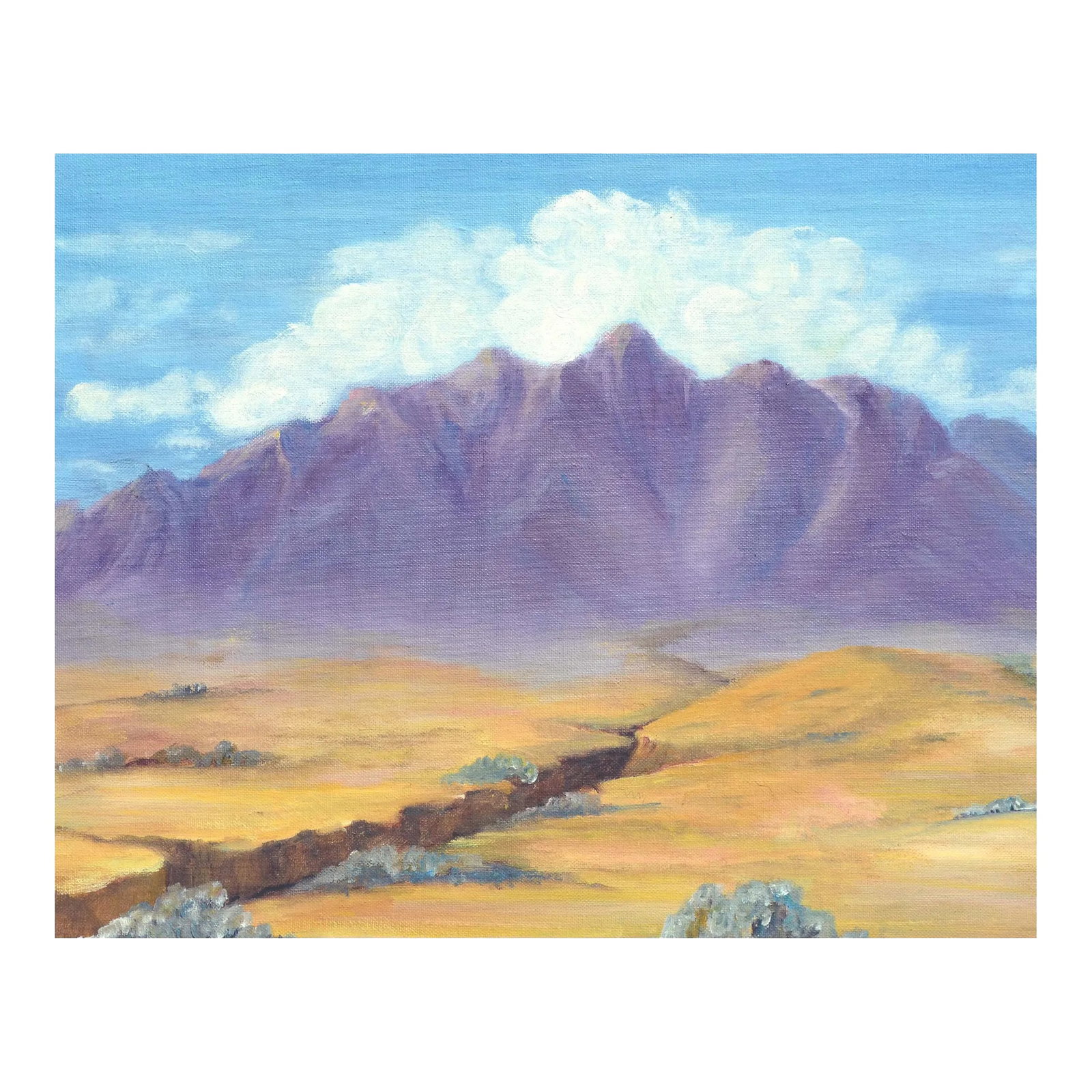 Mid Century Landscape -- Purple Desert Mountain by Alice M. Fink: Sweeping mid century desert landscape with a colossal purple mountain range in the distance by Alice M. Fink (American, b1880s-1968). Signed "A. Fink" lower left, one of two we have, the other being
