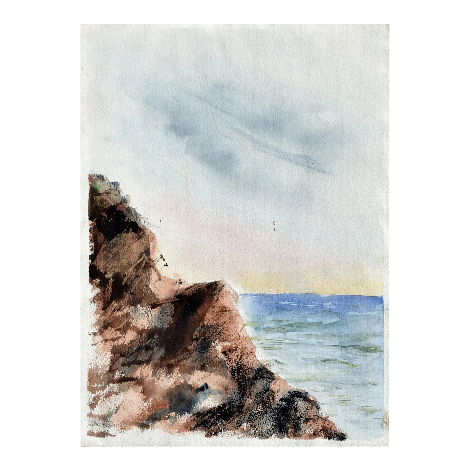 Vintage Landscape -- Big Sur Coast by Barbara Bailey-Porter: Beautiful watercolor landscape of the rocky Big Sur Coast by Santa Cruz artist Barbara Bailey-Porter (American, 20th Century). Signed lower left. Signed and dated verso. Unframed. Image size: 16"H x