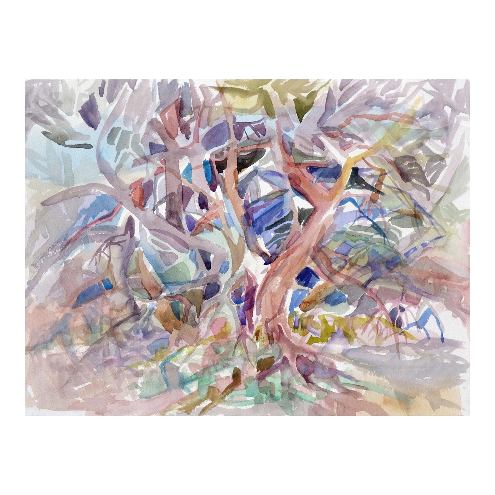Abstracted Forest Landscape by Virginia J Hughins: Gorgeous abstracted forest by Aptos, California artist Virginia J. Hughins (American, 1923-2004), circa 1970. Unsigned and unframed. Image size, 16"H x 20"L. Hughins was an accomplished artist, many o