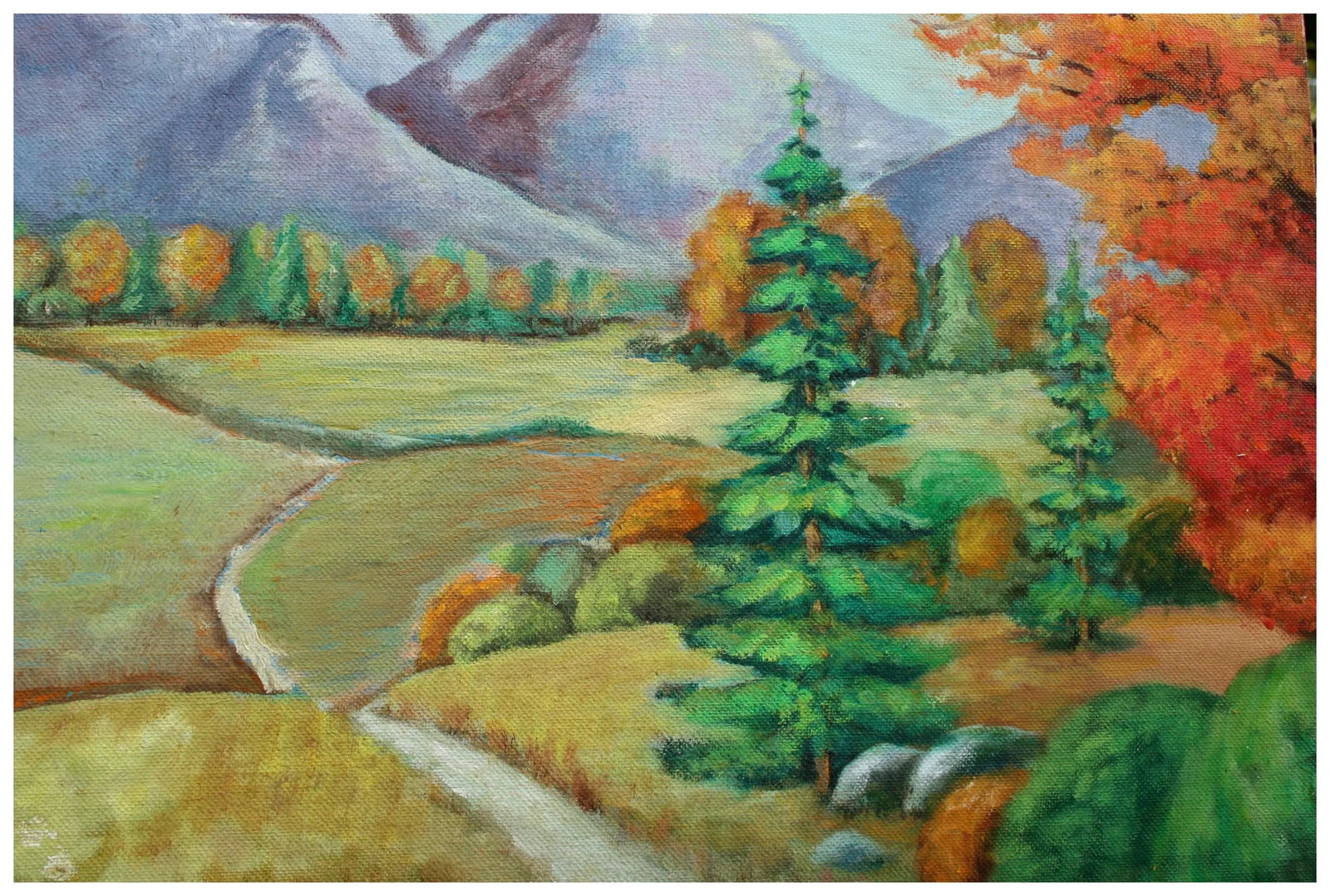 1960s "An Autumn Walk" Landscape Oil Painting - 3