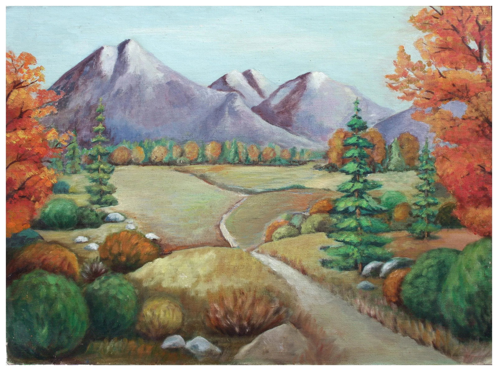 1960s "An Autumn Walk" Landscape Oil Painting - 4