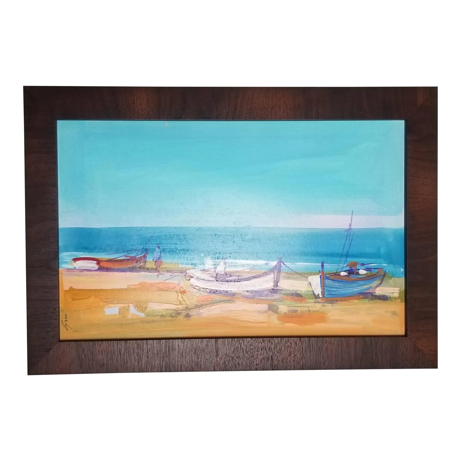 1980s Coastal Scene Painting, Framed: Painting by a Portuguese artist on heavy paper recently framed in a dark wood frame. We just love the colors! We have three paintings from this artist, all framed alike, all the same size. They look b