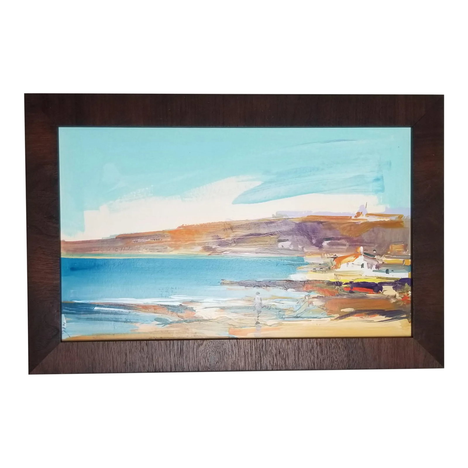 1980s Coastal Scene Painting, Framed: Painting by a Portuguese artist on heavy paper recently framed with a dark wood moulding. We just love the colors! We have three paintings from this artist, all framed alike, all the same size. They
