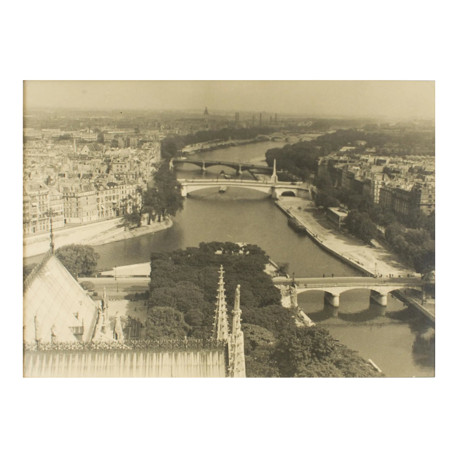 View from Notre Dame de Paris Cathedral 1950 - Silver Gelatin B & W Photography: A unique original silver gelatin black and white photography, view from the Notre Dame Cathedral in Paris, circa 1950. Features: Original Silver Gelatin Print Photography Unframed. Press Photography.