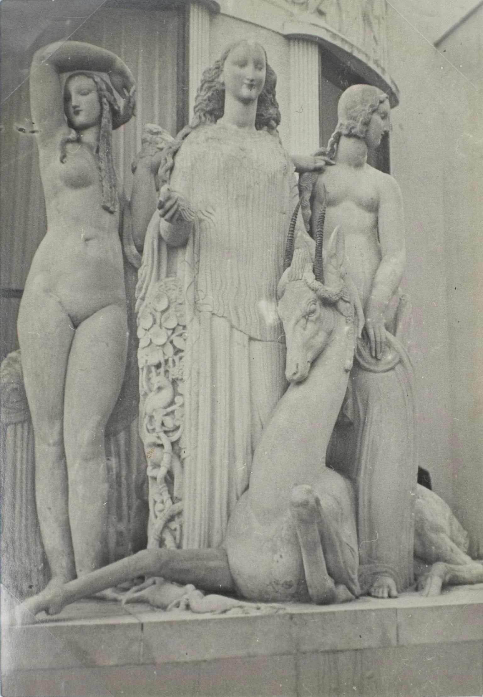 Paris, Decorative Art Exhibition 1925 Art Deco Sculpture - B & W Photograph: A unique original silver gelatin black and white photography by Press Agency, Paris 1925. International Decorative Arts Exhibition in Paris, October 1925, Art Deco sculpture outside of The Hotel du