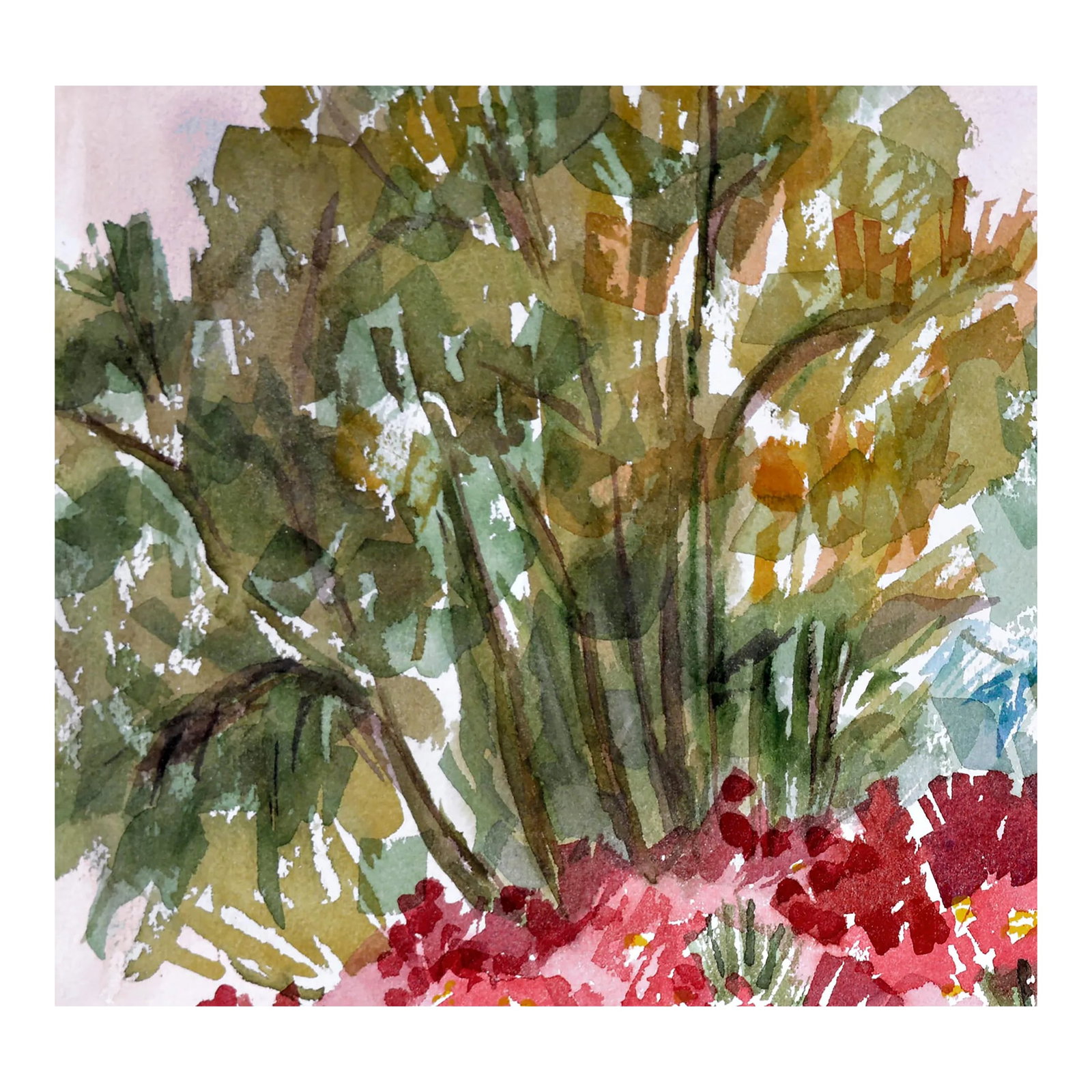 Garden Flowers in Bloom Landscape by Doris Warner: Cheerful landscape of a garden full of colorful flowers by Doris Ann Warner (American, 1925-2010). Signed "Warner" lower right. Unframed. Image size, 22.5"L x 15"H. Doris Ann Warner began as an