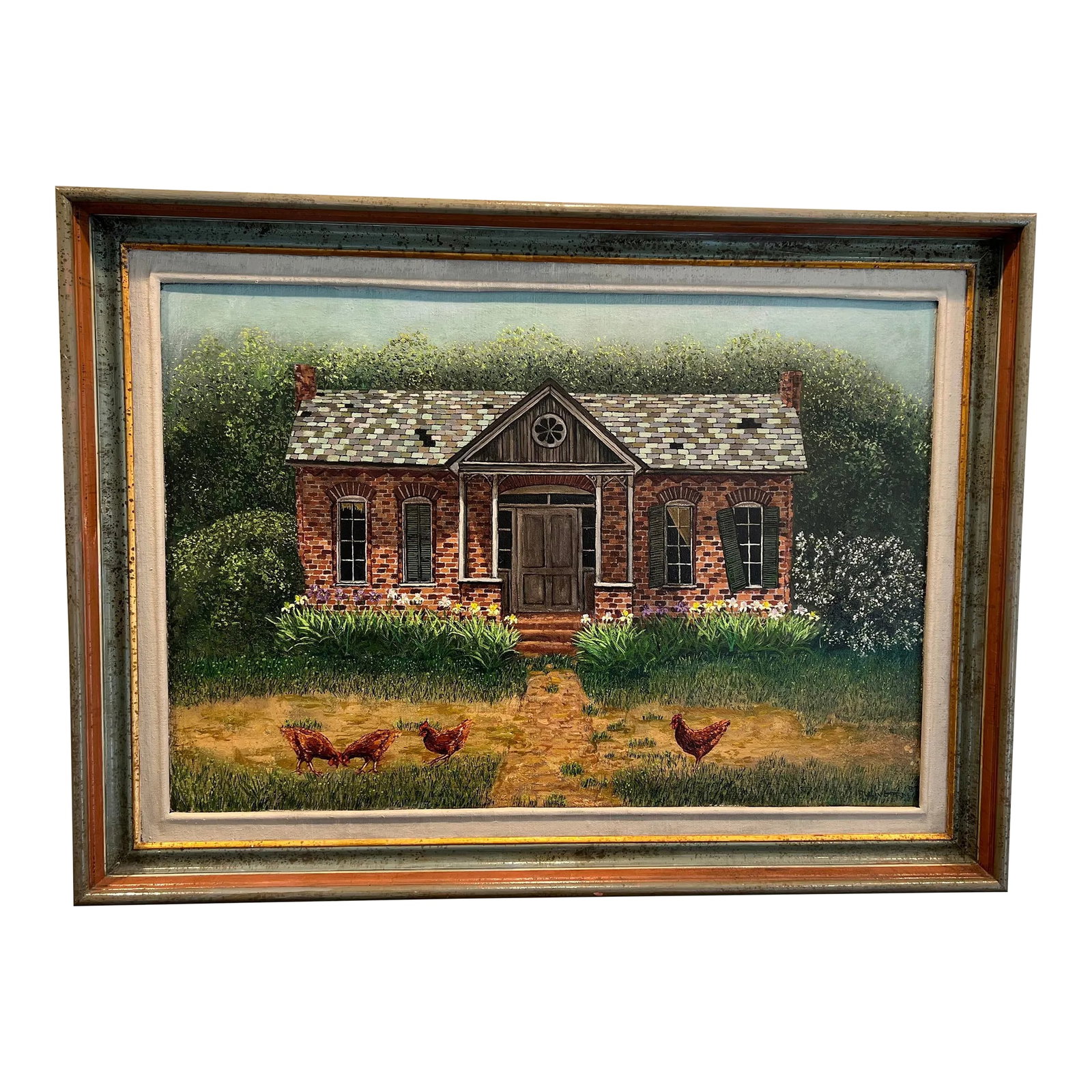 1950s Farm House Oil Painting Surrounded With Chickens and Bright Green Grass: Old brick house with shutters, chickens and flowers surrounded by green grass. Wooden frame with fabric border Condition: Alterations: Original Condition Unaltered Imperfections: Some Imperfections