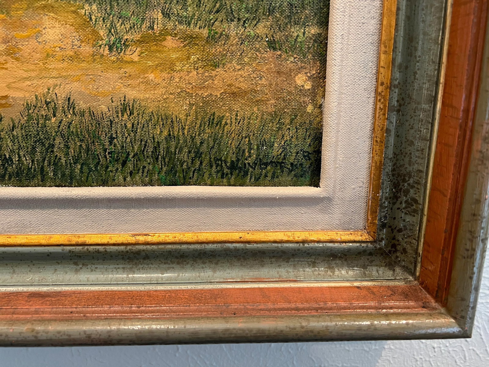 1950s Farm House Oil Painting Surrounded With Chickens and Bright Green Grass - 4