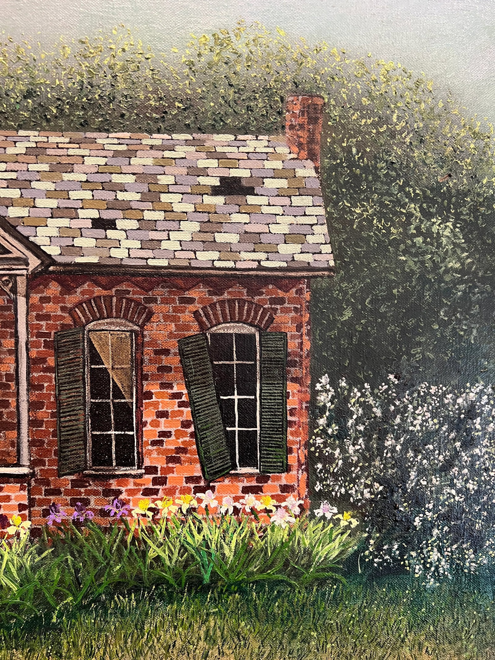 1950s Farm House Oil Painting Surrounded With Chickens and Bright Green Grass - 5
