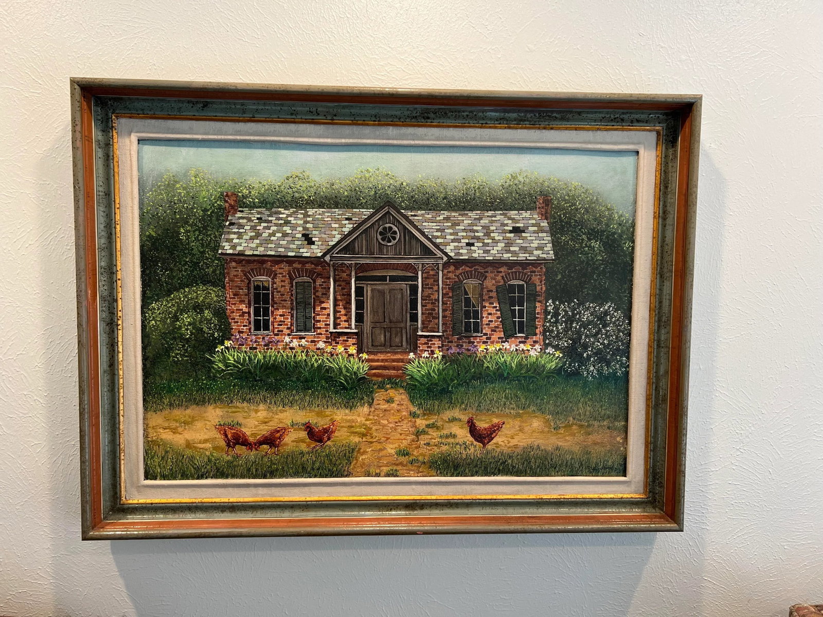 1950s Farm House Oil Painting Surrounded With Chickens and Bright Green Grass - 6