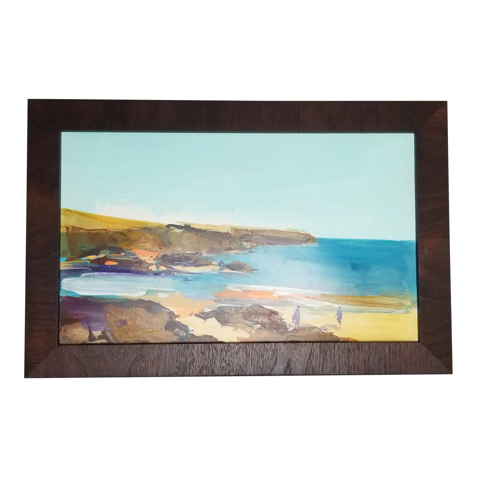 1980s Coastal Scene Painting, Framed: Painting by a Portuguese artist on heavy paper recently framed with a dark wood moulding. We just love the colors! We have three paintings from this artist, all framed alike, all the same size. They