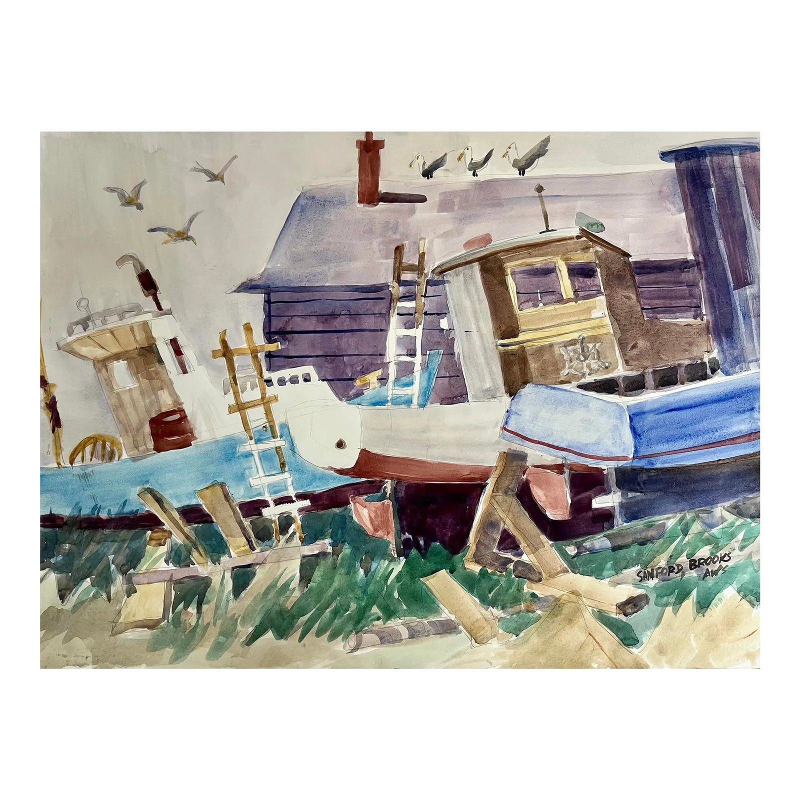 Vintage Modernist Watercolor Painting of Fishing Boats in the Boat Yard by Sanford Brooks (1 of 7)