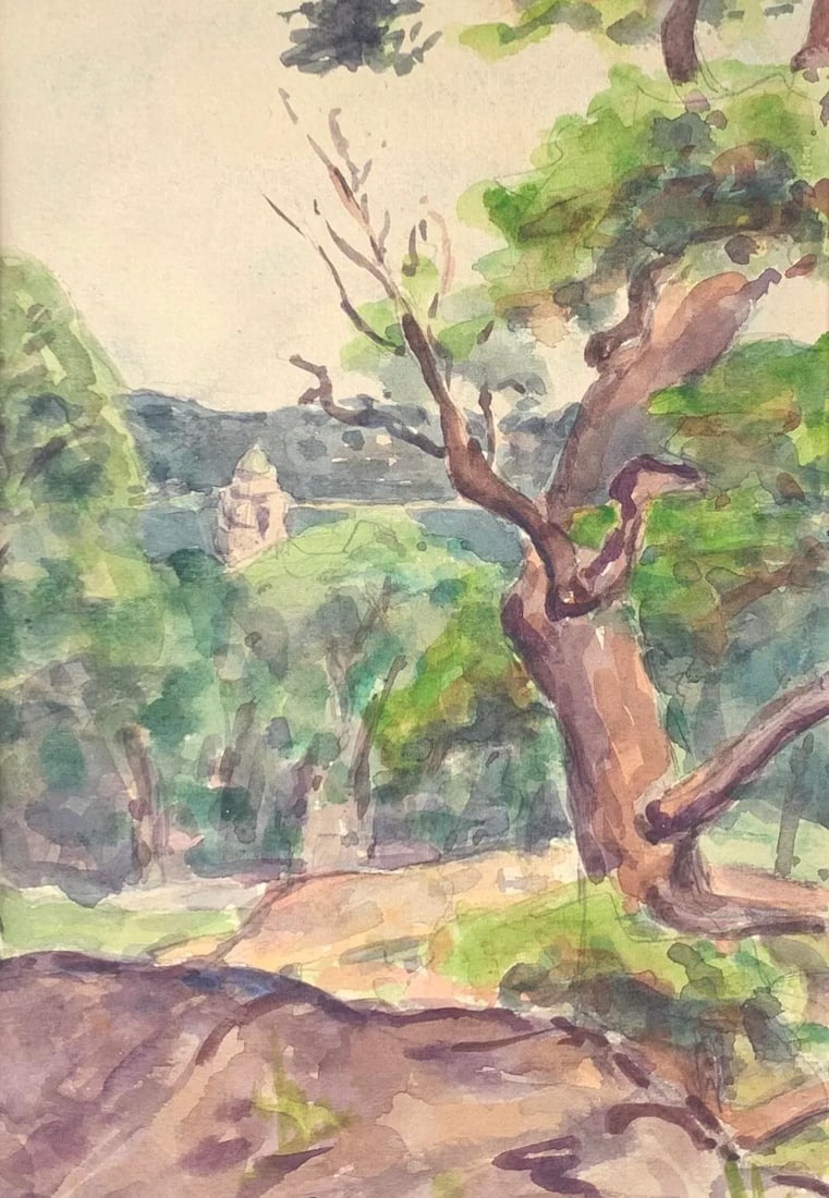 1930s Landscape Watercolor Painting Forest and Steeple - 2