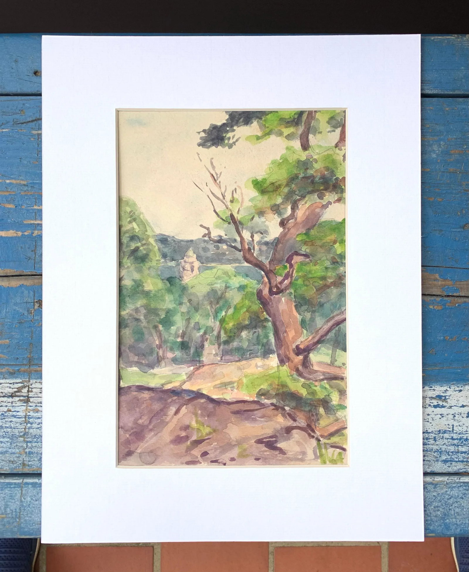 1930s Landscape Watercolor Painting Forest and Steeple - 3