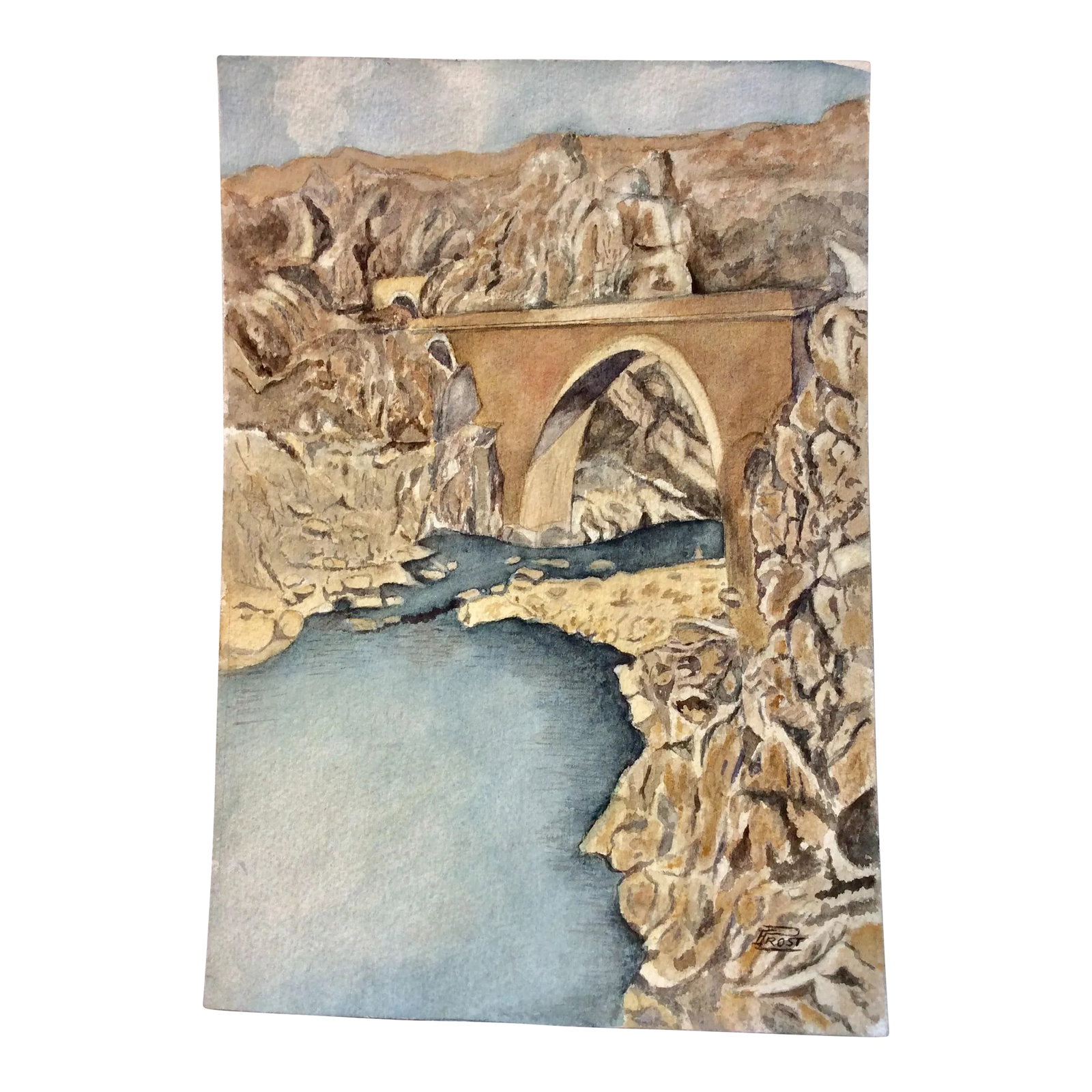 Mid 20th Century French Watercolor Painting: This is a beautiful French artist rendition of a river bridge in southern France. Watercolor on heavy weight artist paper, this piece is signed on the front and back and ready to frame. 9.25"W x