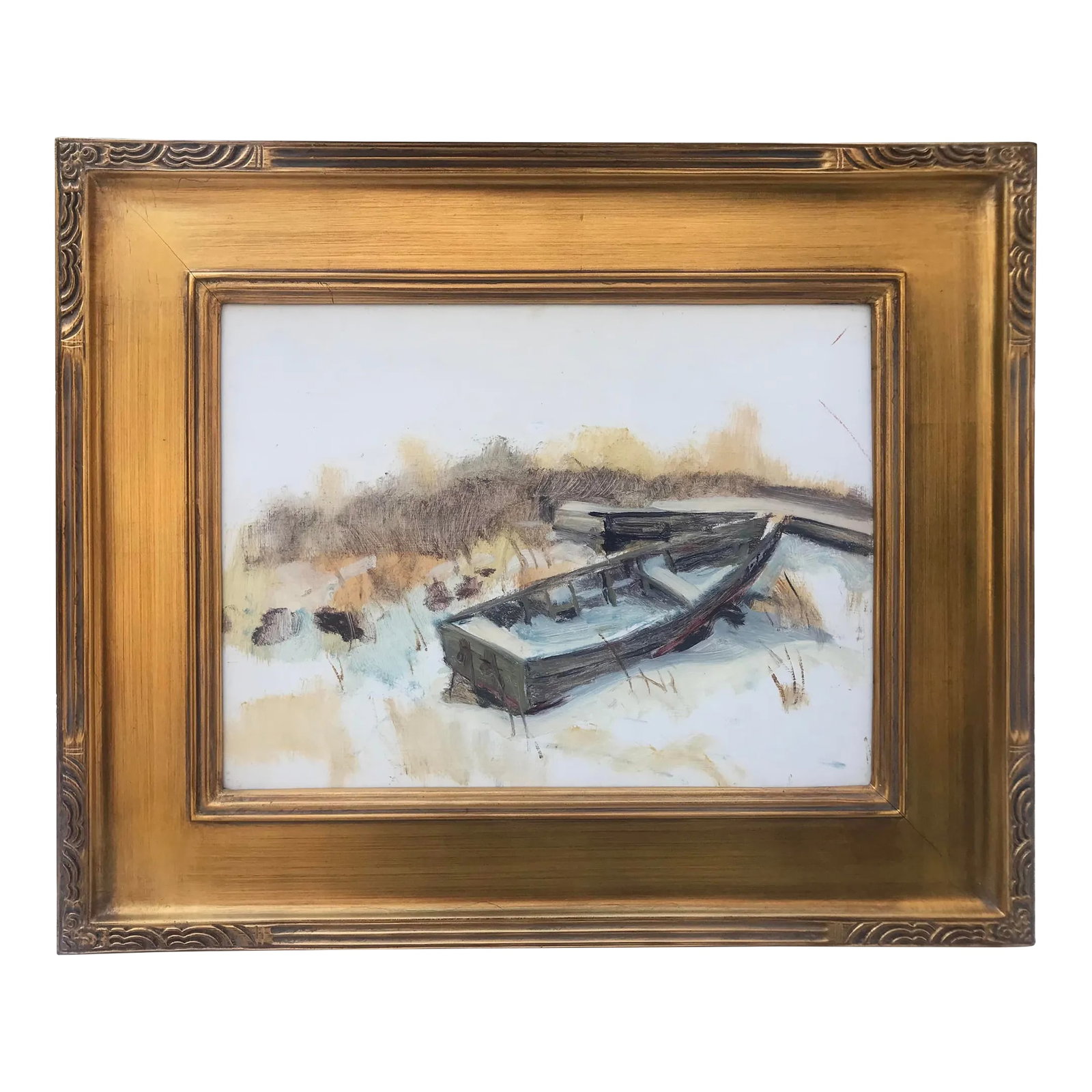 Vintage American Impressionist Oil Painting Boat in Winter on Long Island New York by Harry Barton: Vintage American Impressionist Oil Painting of a boat in winter on Long Island by Harry Barton signed with the estate stamp on verso. Oil on masonite panel measuring 12 x 16" framed in a quality conte