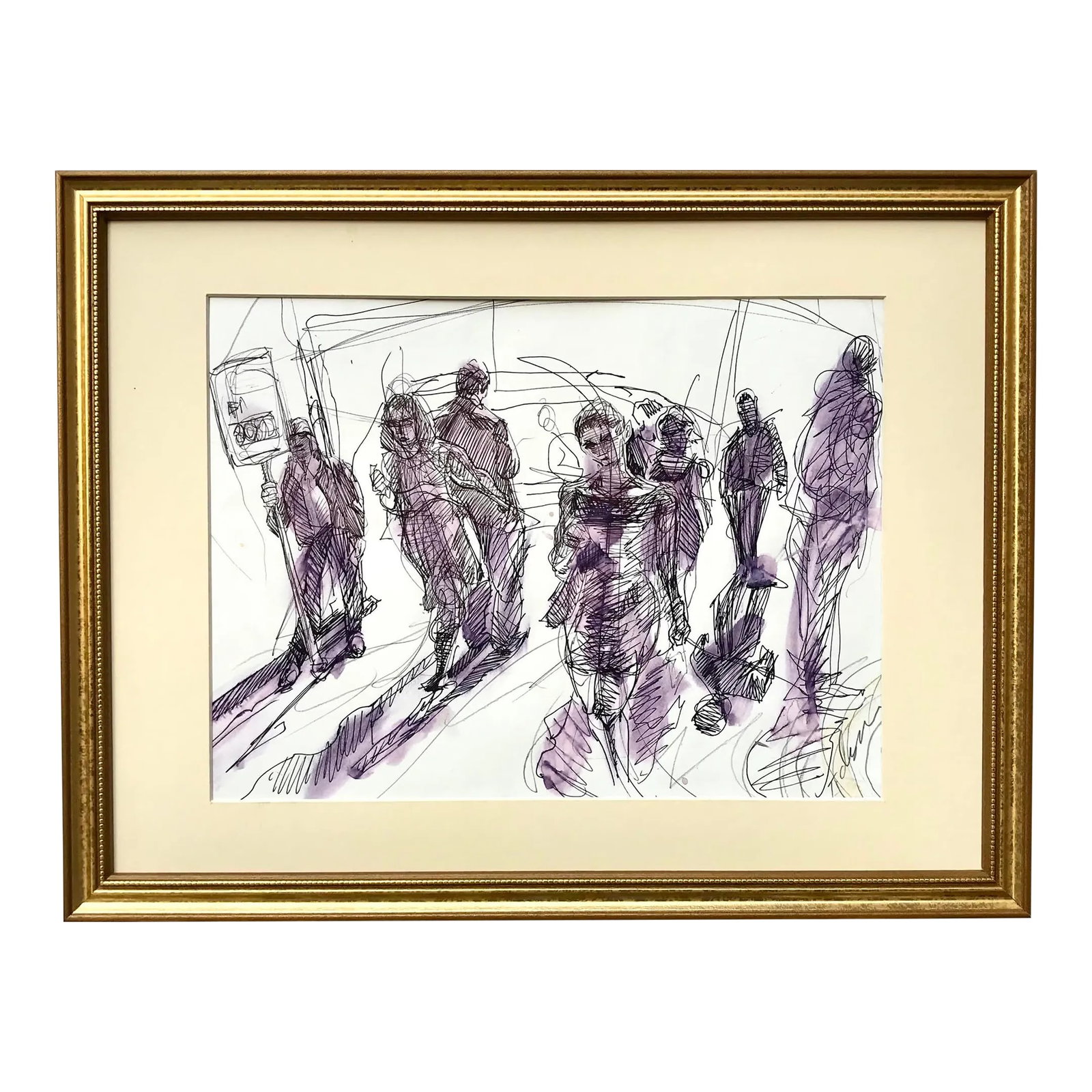 Original Pen and Ink Drawing "Figures Time Square New York " by Tom Christopher: Original pen and ink with watercolor highlights Figures in Time Square New York " by Tom Christopher signed lower right. Pen and Ink on paper with watercolor highlights likely a study for one of Tom C