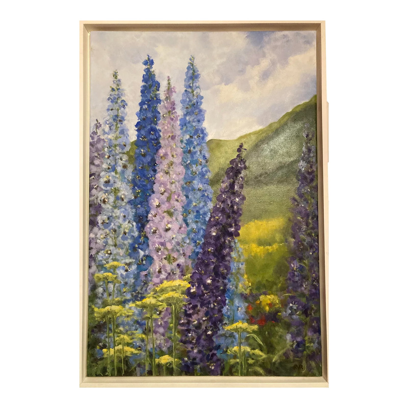 "Field of Delphiniums & Yarrow" Contemporary Original Impressionist Style Field Landscape Oil Painti: Original oil painting by artist Robert Rutkauskas Framed in white painted custom frame Condition: Imperfections: No Imperfections Origin: United States Materials & Techniques: Oil Paint Details: