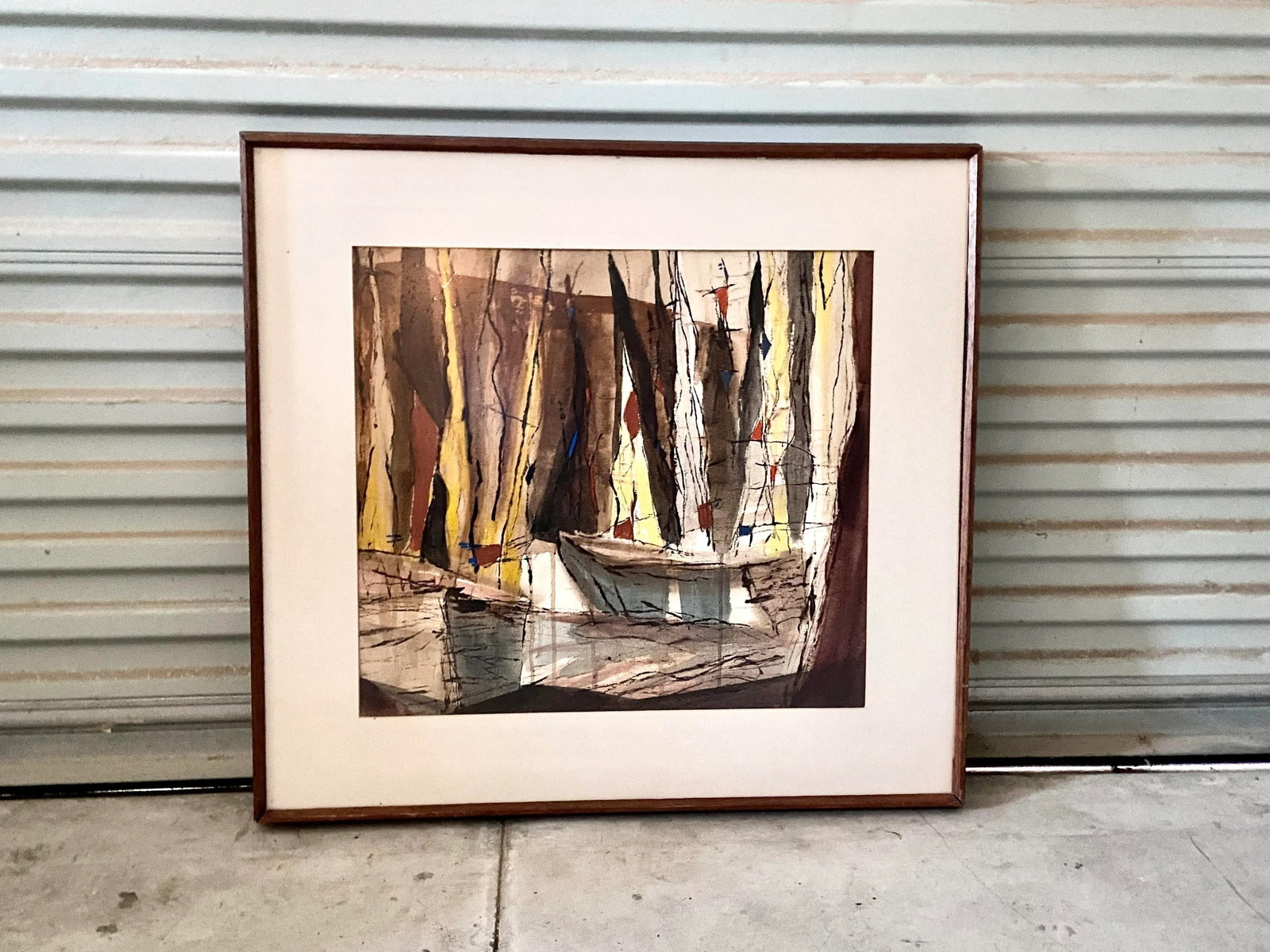 1950s Mid Century Modern Abstract Framed Watercolor Painting of a Boat Unsigned - 10
