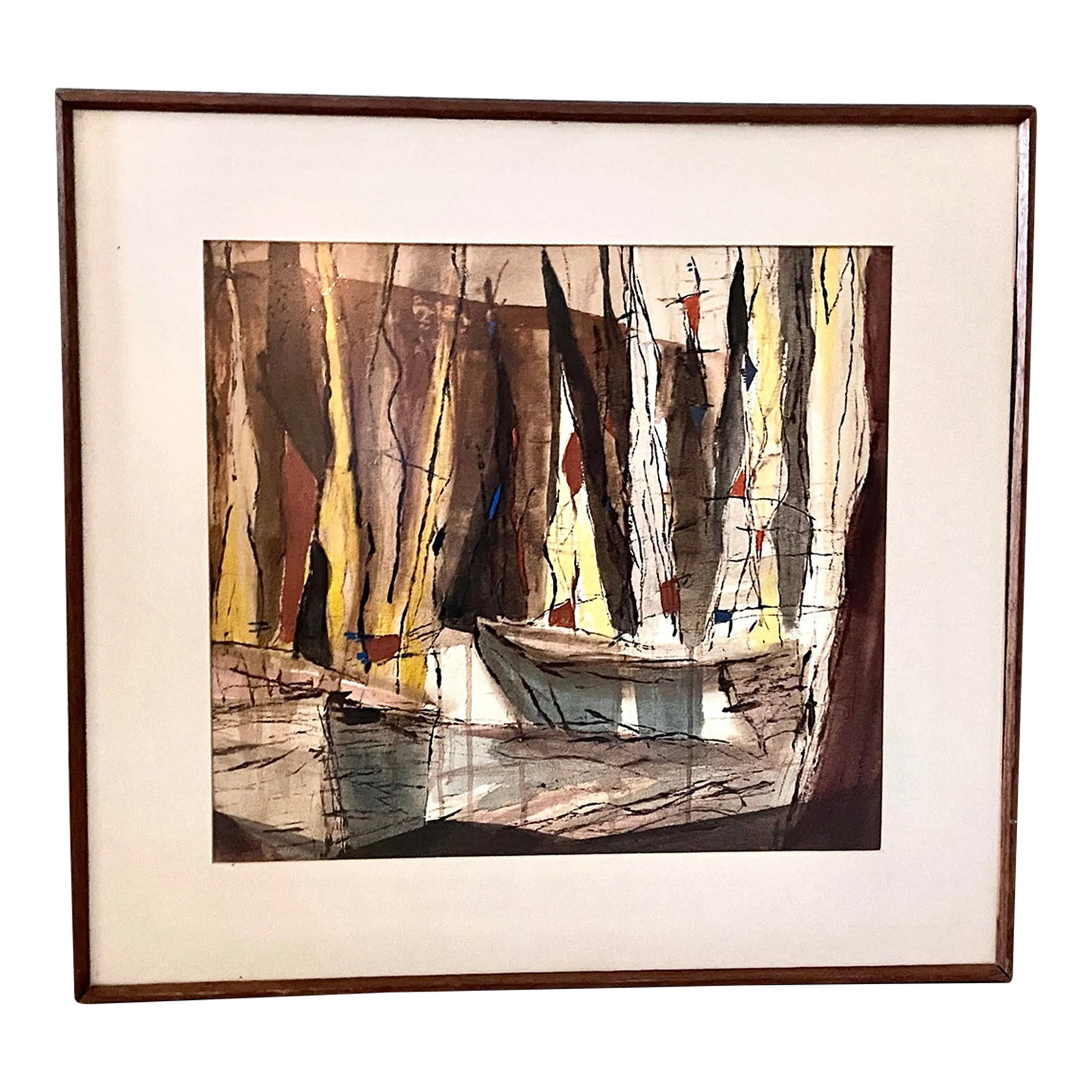 1950s Mid Century Modern Abstract Framed Watercolor Painting of a Boat Unsigned: This is a beautiful mid century, modern abstract, watercolor painting of a boat in the water. It has beautiful, contrasting colors of black, rust, pale yellow, pale blue and cream. These warm colors,