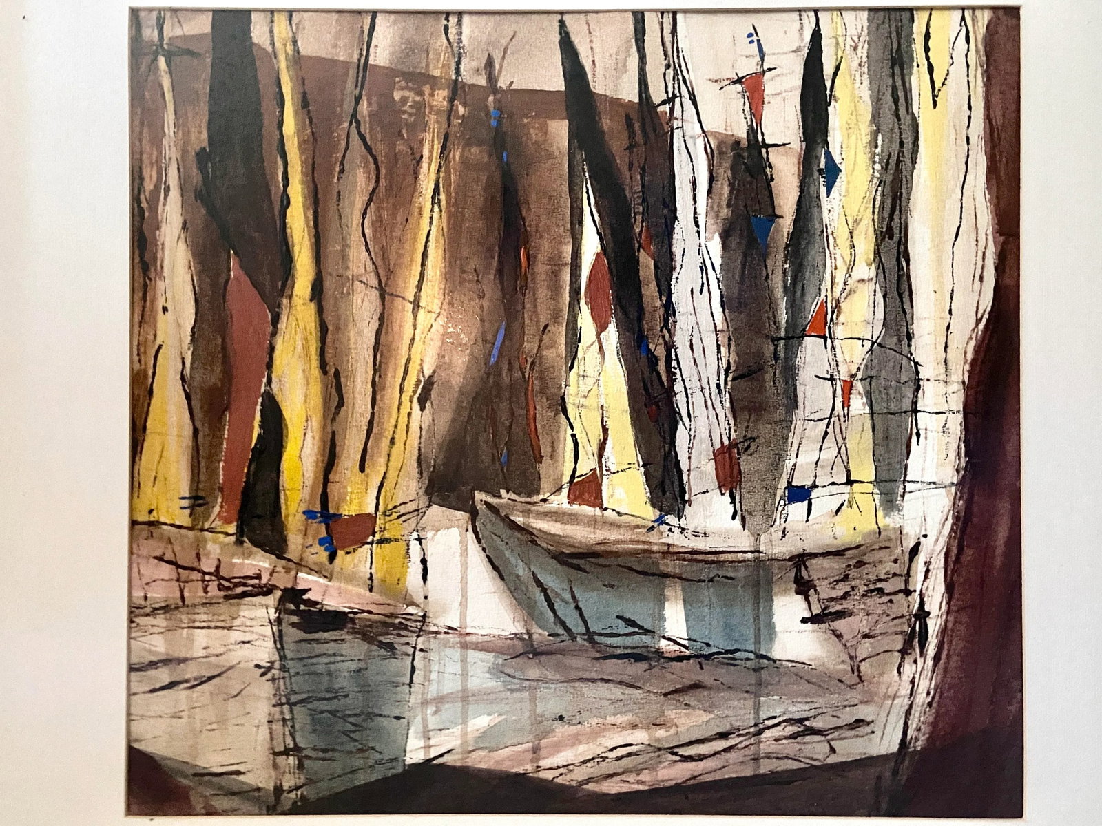 1950s Mid Century Modern Abstract Framed Watercolor Painting of a Boat Unsigned - 2