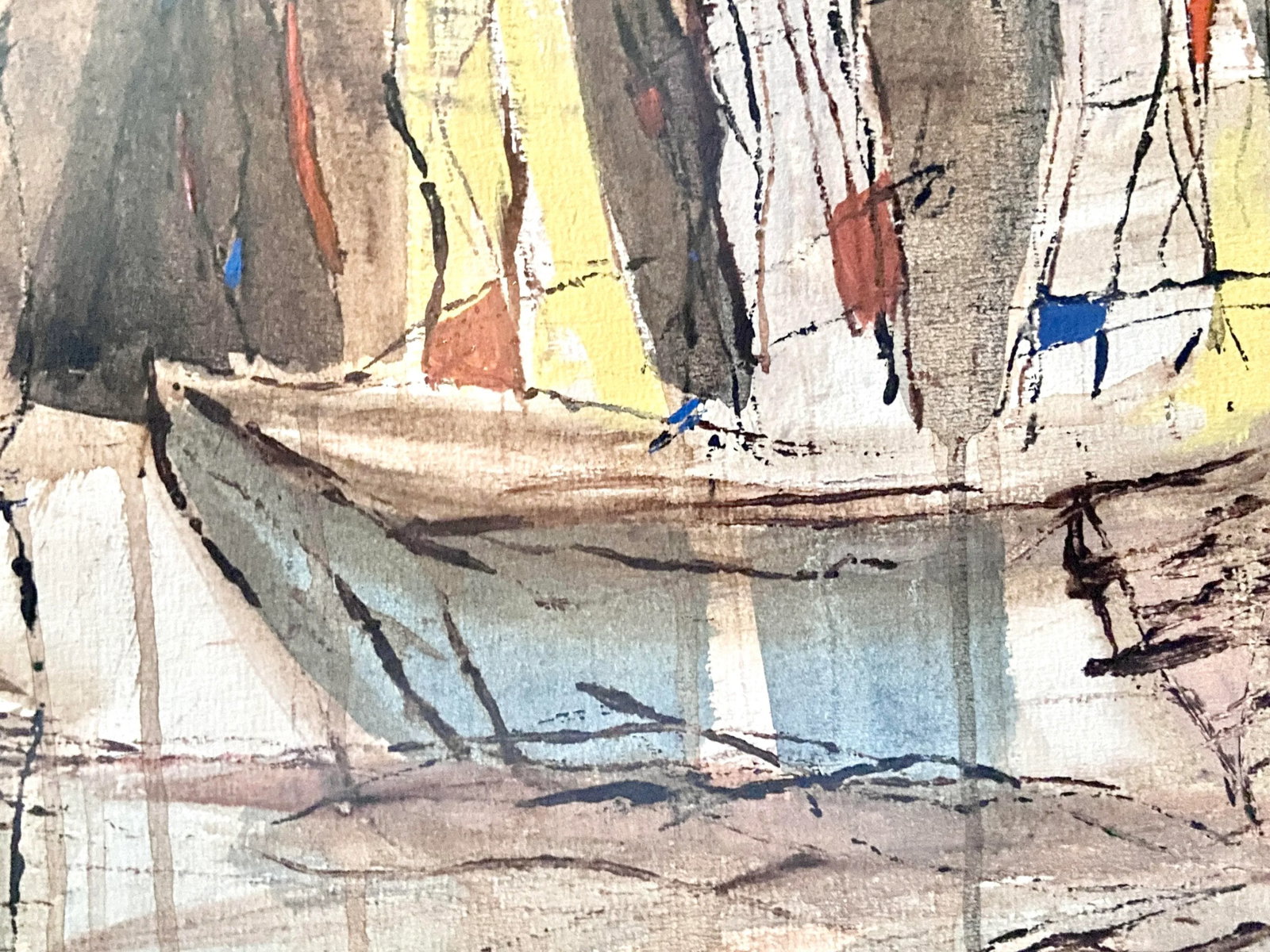 1950s Mid Century Modern Abstract Framed Watercolor Painting of a Boat Unsigned - 5