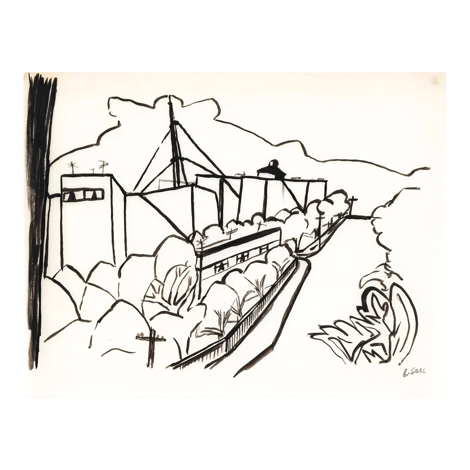 Connecticut Ave. 1956 Ink: This 1956 ink drawing on paper city scene is by Russian-born artist Leo Saal (1912-1996). Saal was born in Petrograd (now Saint-Petersburg), Russia shortly before the Bolshevik Revolution. He endured