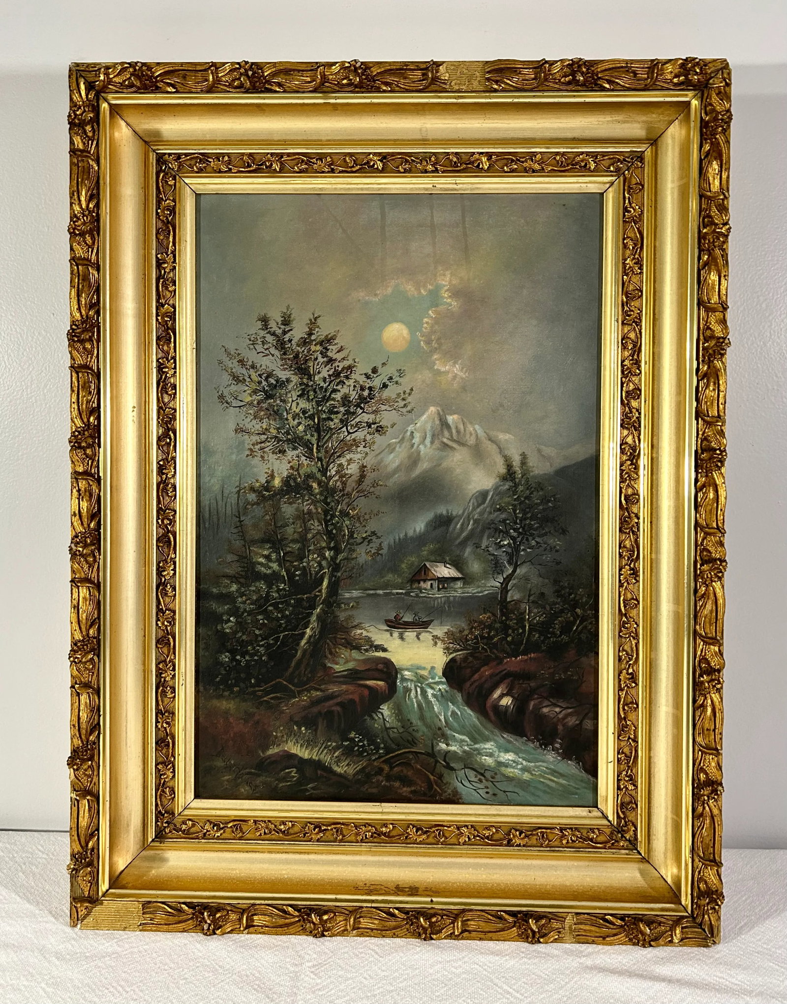 Antique Landscape Painting in Period Lemon Gold Gilt Frame - 13