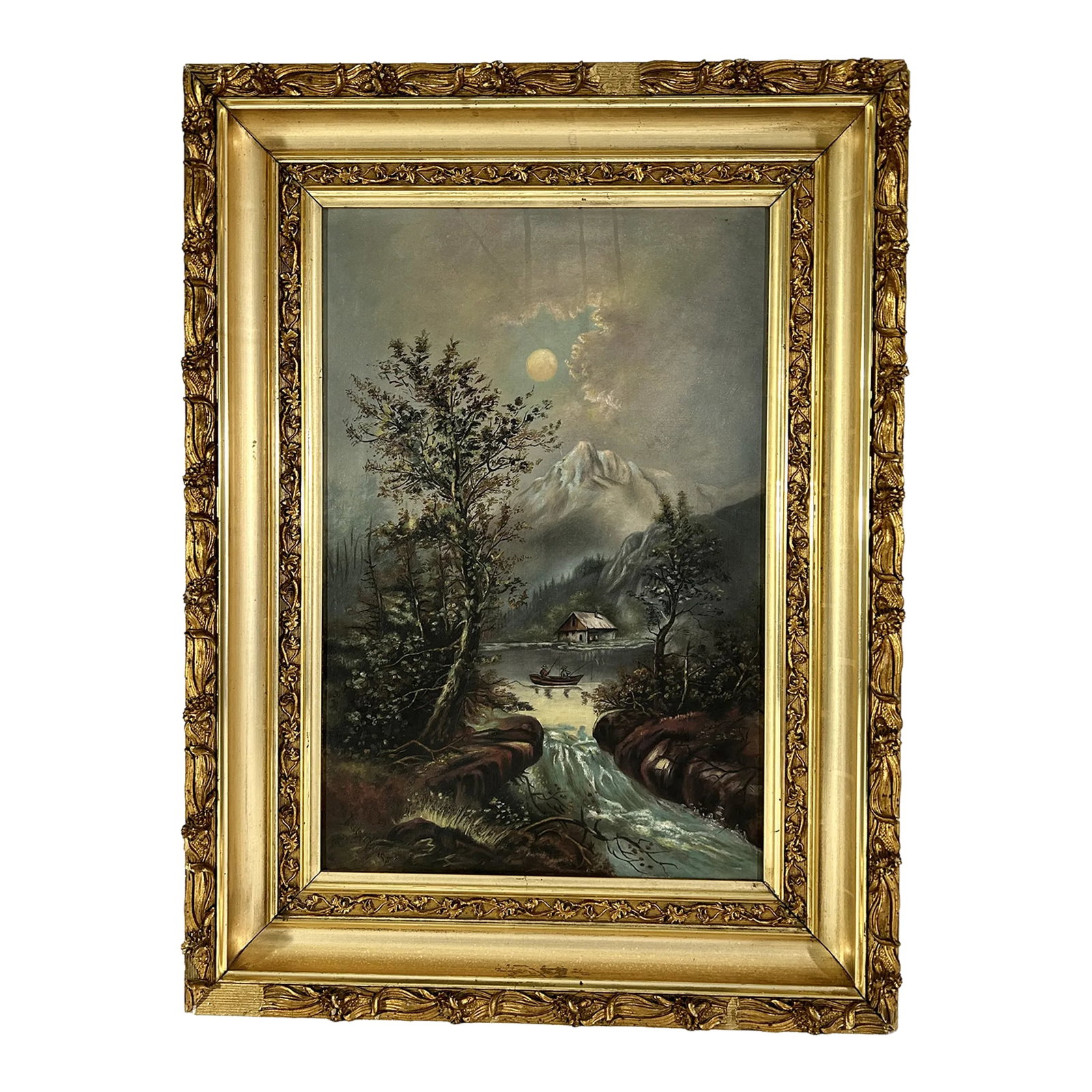 Antique Landscape Painting in Period Lemon Gold Gilt Frame: Antique 1880's oil on canvas vertically oriented landscape painting. Scene is a moonlit night reminiscent of the American west. Complete with a pond and mountain in in the snow capped mountain in the