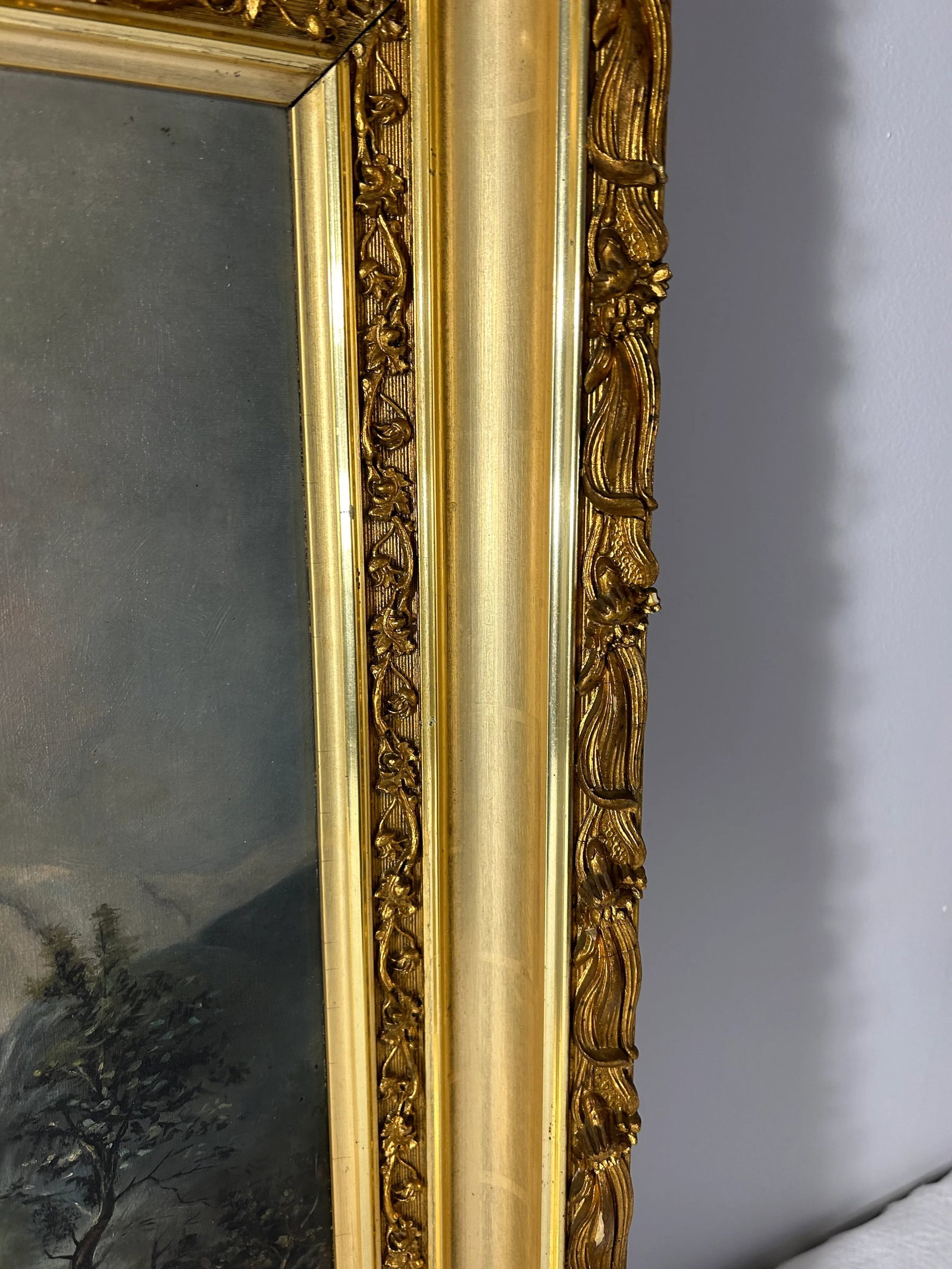 Antique Landscape Painting in Period Lemon Gold Gilt Frame - 5