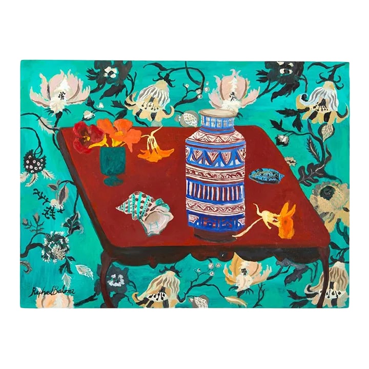 2022, Raphael Balme, Moroccan Pot, Fauvist Still Life Oil Painting on Cradled Panel: - Oil on cradled panel. - A graduate of Chelsea College of Art, Sarah Raphael-Balme's paintings explore rich pattern and jewel-like color. Working mainly in oil or gouache, her pieces range from