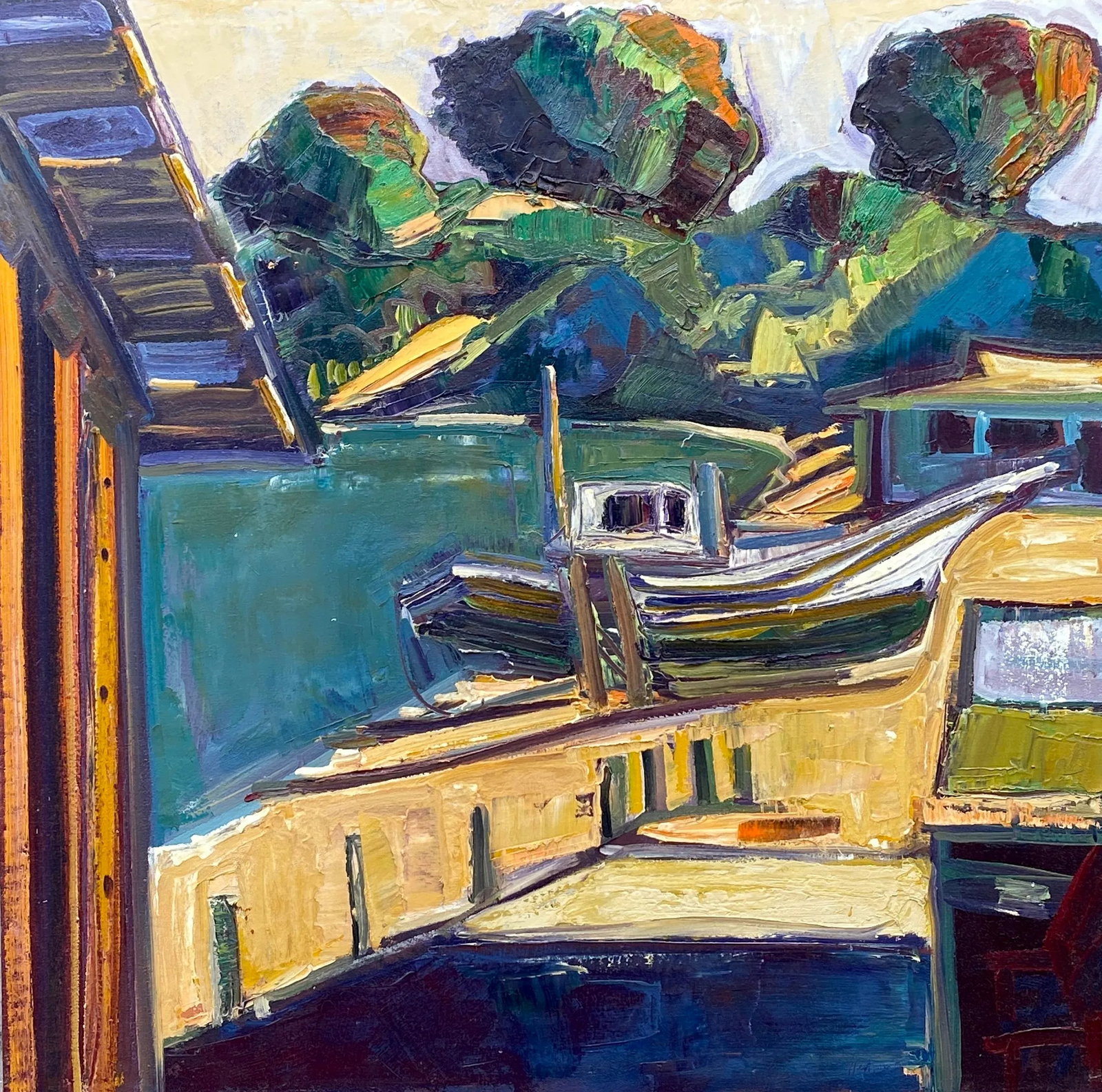 Contemporary Expressionist Maritime Scene Original Oil on Canvas Painting by James Hartman: This oil painting was done at China Camp near San Rafael in Northern California. Luscious amounts of oil paint mix on the surface to represent the emotions felt standing before this scene. This was a