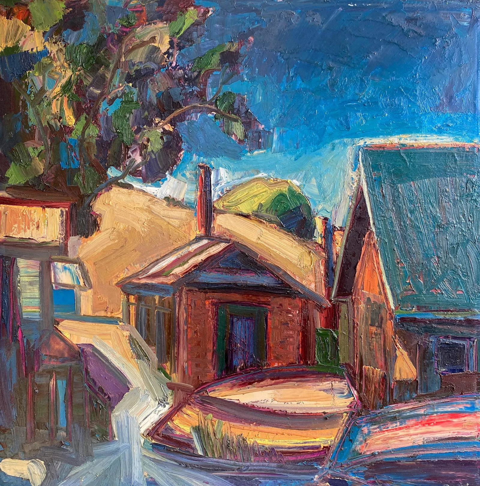 Expressionist Landscape Oil Painting of China Camp with Boats: This is a plein air painting that I did when I was painting with my mentors at spots around the bay area. The beach at China Camp State Park affords views of an era that is lost. I'm glad the state