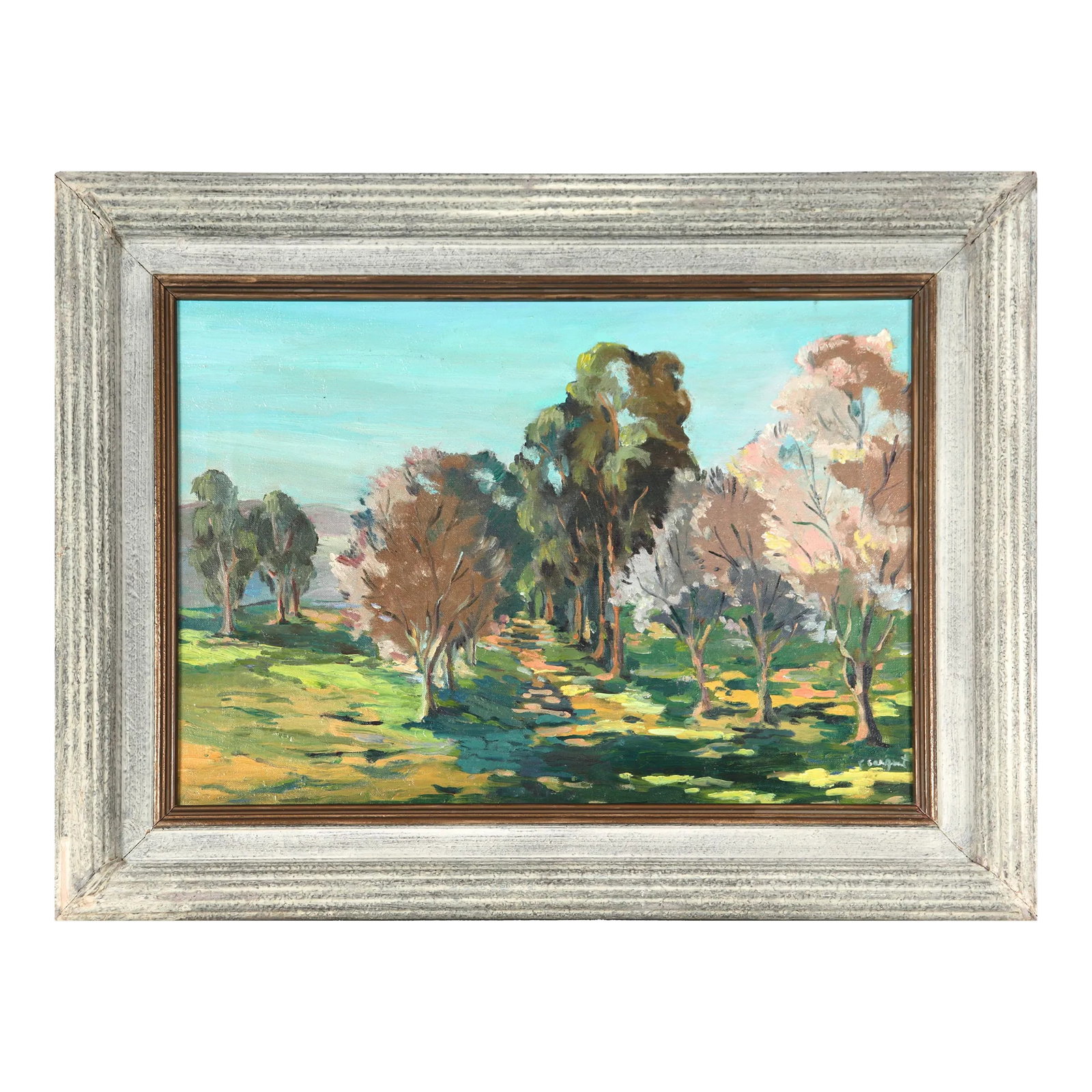 "Spring" 1958 Oil: This 1958 oil landscape entitled Spring, is by California painter Freeman S. Sargent who painted primarily in the California Regionalist style (with strong parallels to W.P.A. muralists and the work