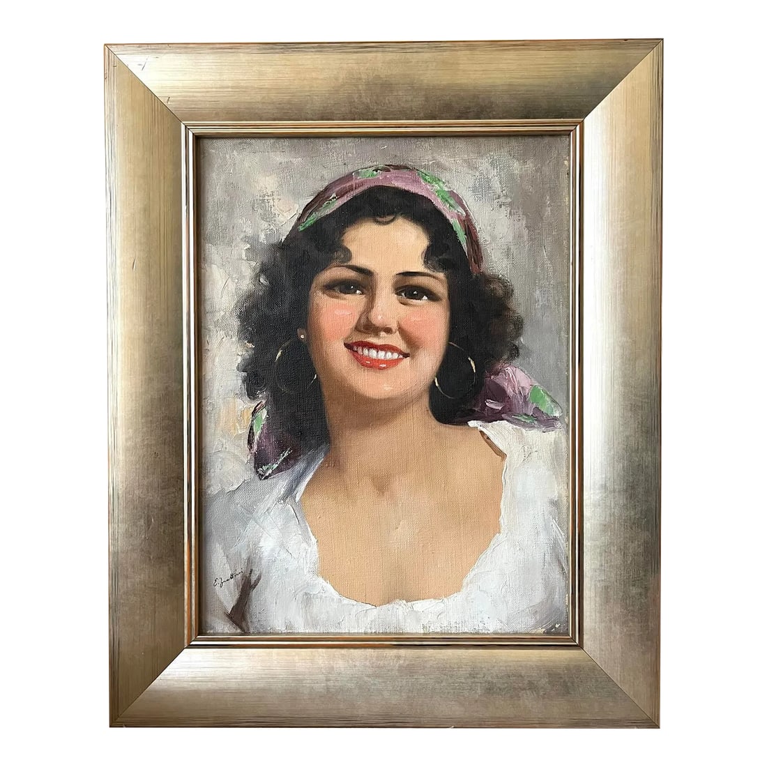 Original Vintage Italian Oil Painting Portrait of a Beautiful Girl by Enrico Frattini Circa 1950: A original vintage Italian portrait of a beautiful girl by Enrico Frattini oil on canvas circa 1950 signed lower left center. Presented framed in a quality contemporary gallery frame. Canvas size 12"