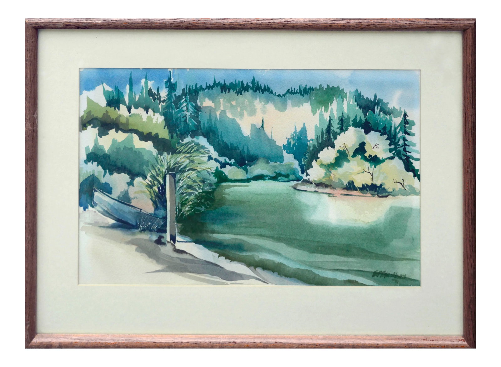 Boat on the Lake Shore: Watercolor painting of a boat pulled up on a lake shore. Signed "E. P. Blackburn" lower right corner. Presented in an oak wood frame with mat. Image size, 12.38"H x 18.88"W. Condition: Condition