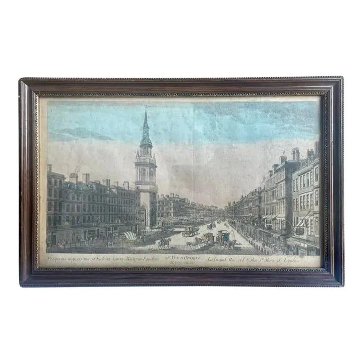 French "Vue D' Optique" Hand-Painted Engraving Vintage: An original French 19th Century hand-painted engraving of a city street in London, England. This original engraving print is hand-painted and set in the original custom wood frame, made by the Army