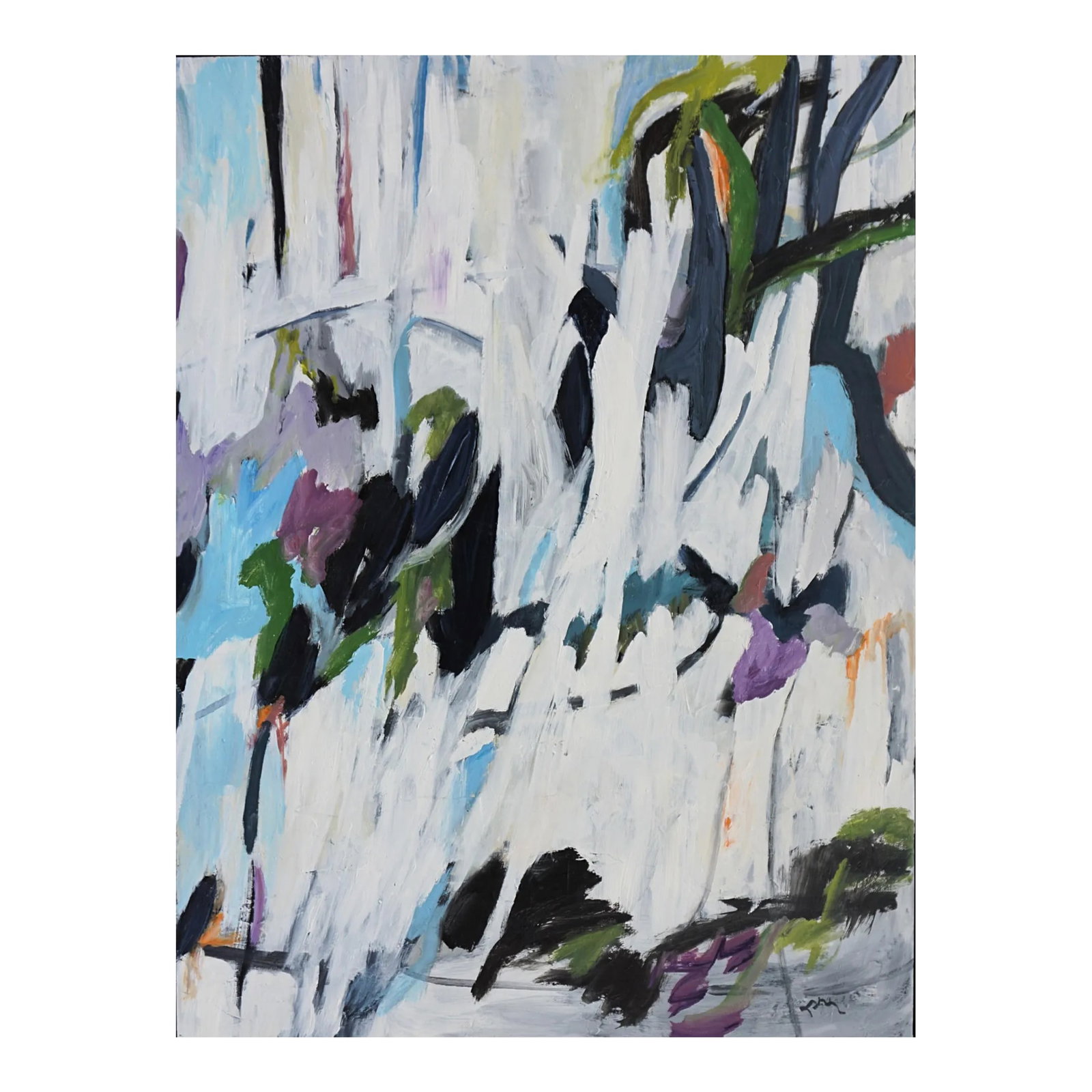 "Coming to Agreement" Contemporary Abstract Acrylic Painting by Laurie MacMillan, Framed: The artist was playing with line and color while painting, and the verticals started reminding her of people starting far apart, then coming together. This acrylic painting is on gallery wrapped