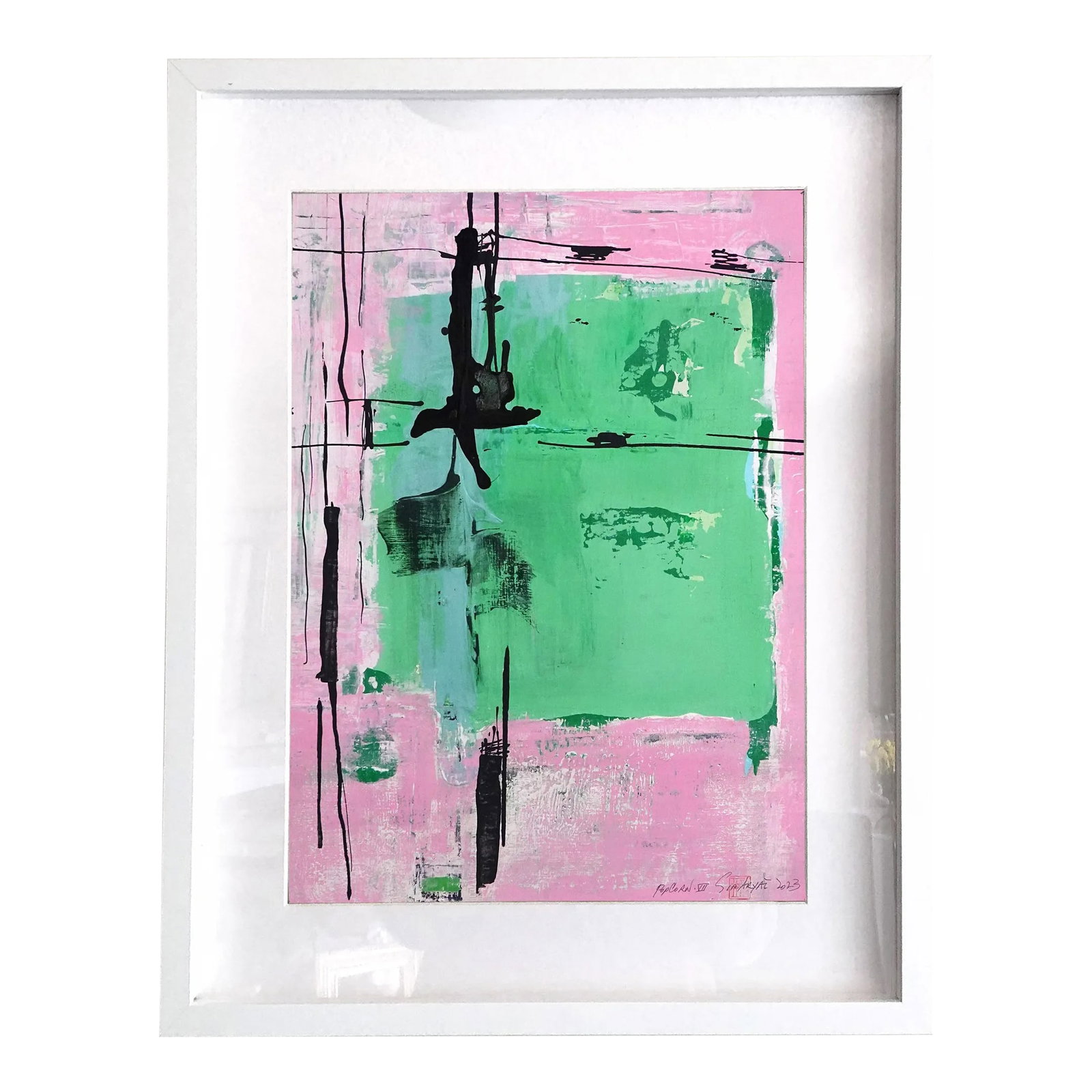 Popcorn. VII Framed Abstract Modern Green/Purple Painting: Framed abstract purple and green painting This bold, brushstroke hand made parchment works great as an abstract statement piece everywhere from entryways to guest bedrooms. The painting is 16X20"