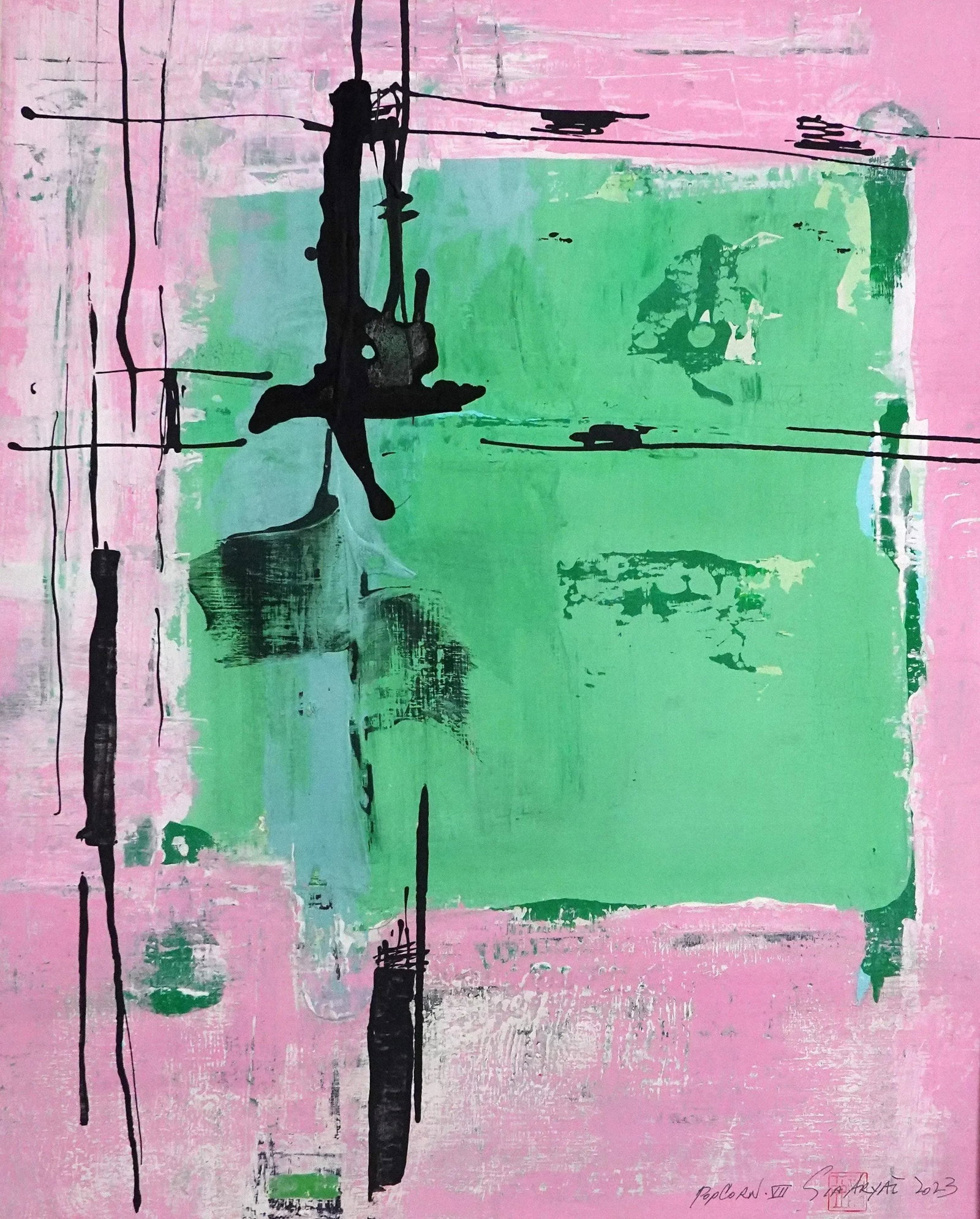 Popcorn. VII Framed Abstract Modern Green/Purple Painting - 2