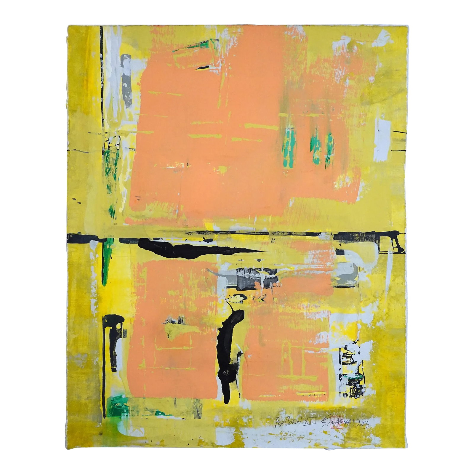 Popcorn. XIII Framed Abstract Pink on Yellow Painting: Framed abstract purple and green painting This bold, brushstroke hand made parchment works great as an abstract statement piece everywhere from entryways to guest bedrooms. The painting is 16X20"
