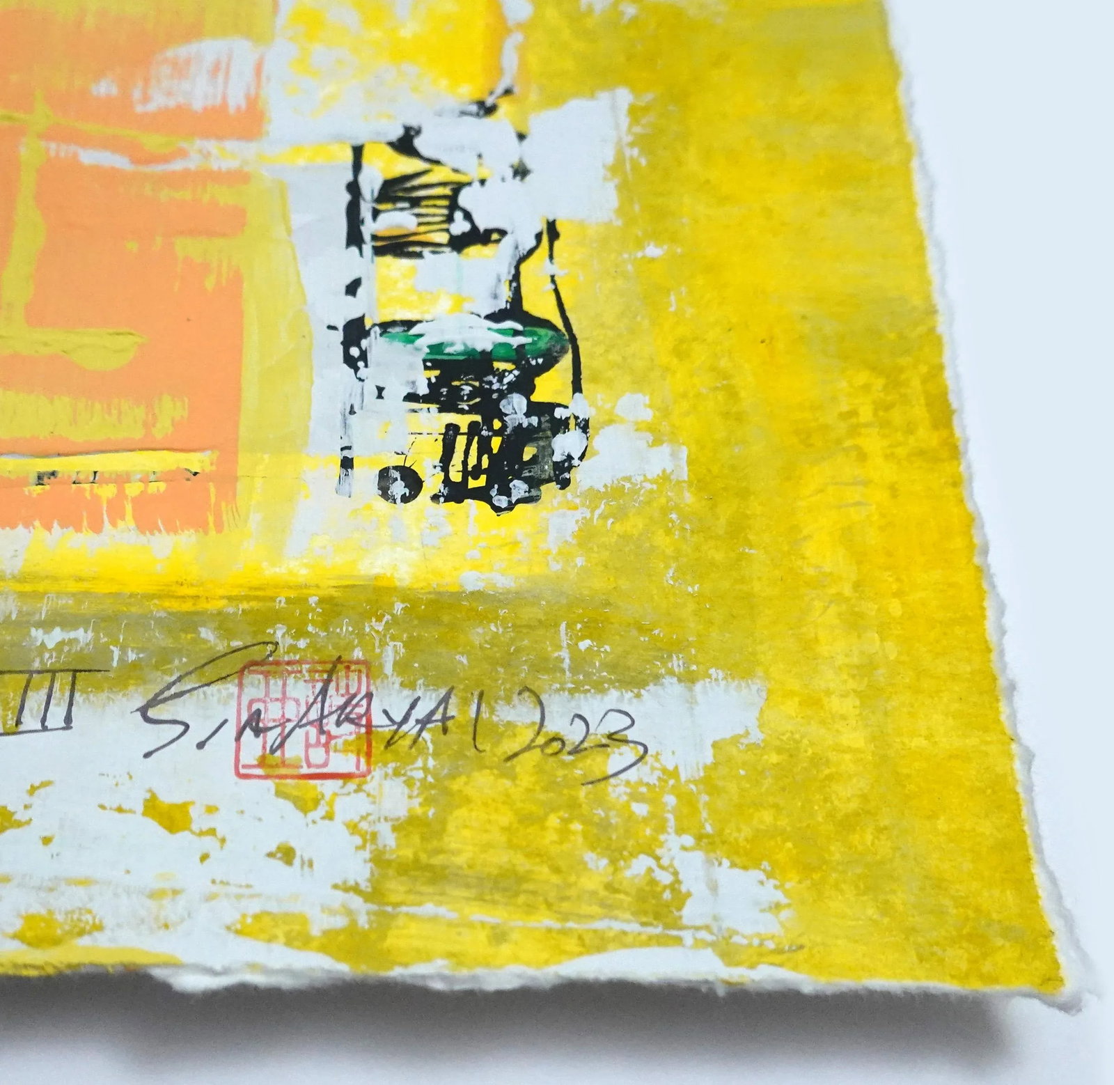Popcorn. XIII Framed Abstract Pink on Yellow Painting - 3