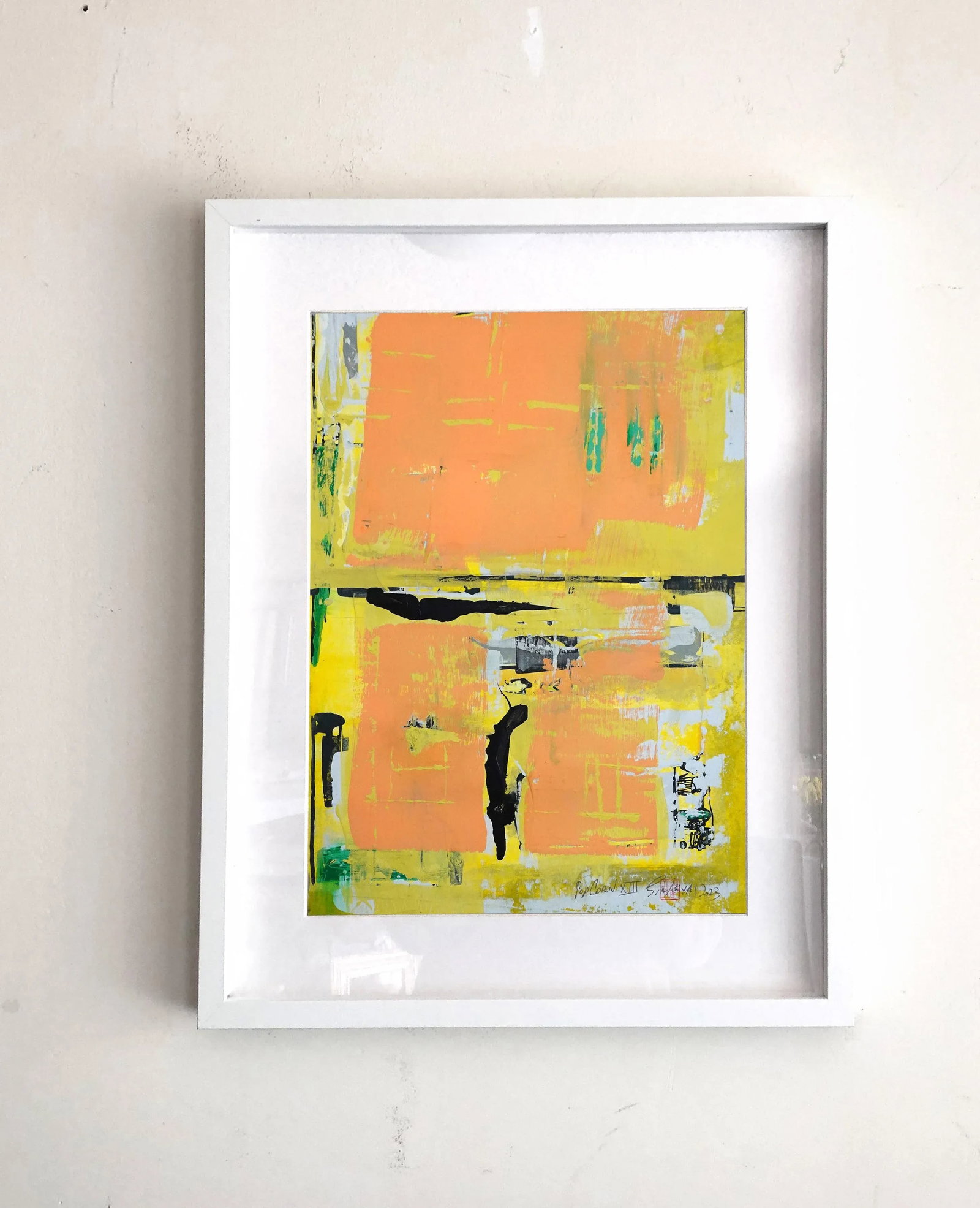 Popcorn. XIII Framed Abstract Pink on Yellow Painting - 4