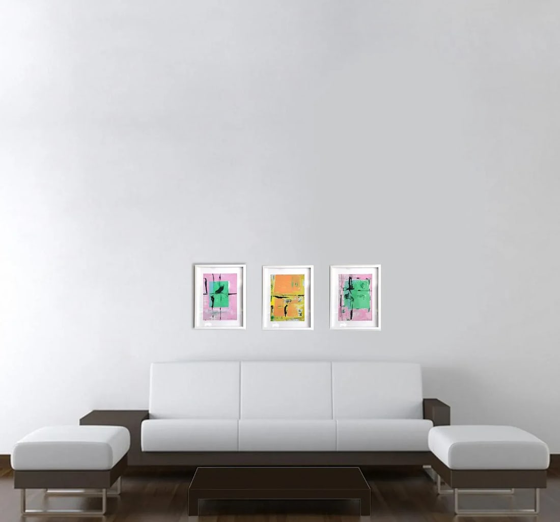 Popcorn. XIII Framed Abstract Pink on Yellow Painting - 5