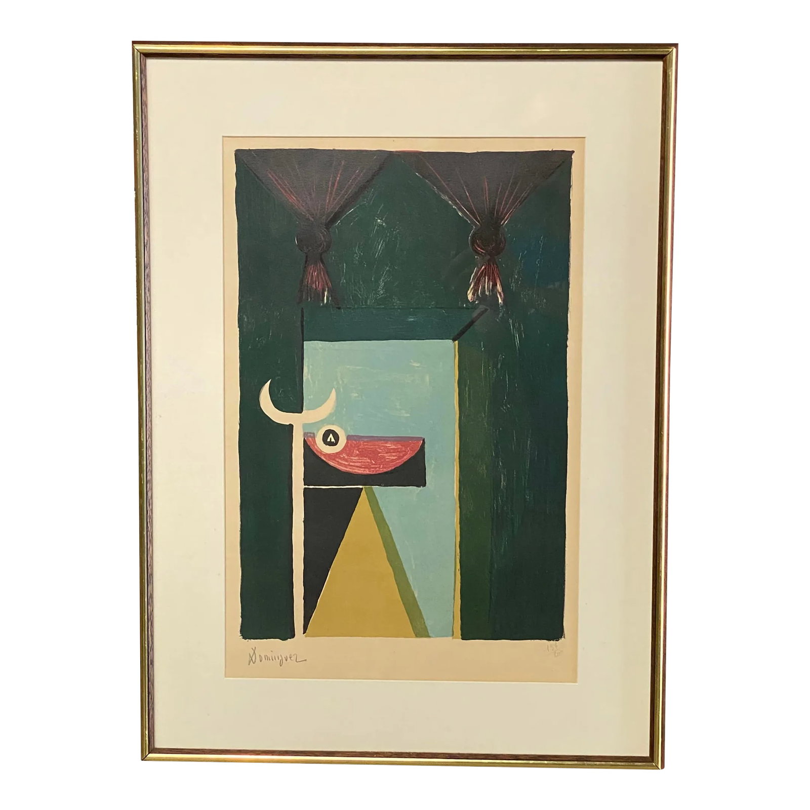 Oscar Dominguez Spanish Surrealist Still Life: Oscar M. Dominguez (1906-1957) Surrealist still life in front of a window. Lithograph on paper. The piece is signed lower left in pencil, Dominguez and an edition of 137/200. Blind stamp in lower righ
