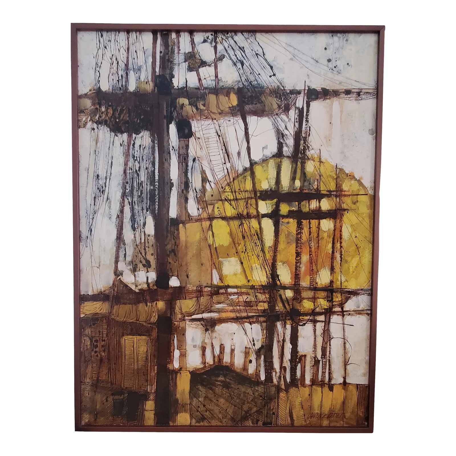 Mid 20th Century Abstract Nautical Lawerence Reiter Painting, "Mast": Absolutely stunning original painting by Lawrence Reiter, signed on back tilted "Mast". Beautifu warml shades of brown, orange and yellow dominate the piece depicting the sun shining through the mast 