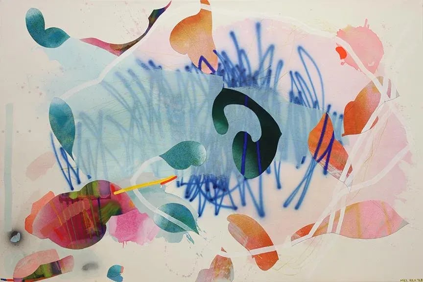 "Banjo" Original Abstract Expressionist Painting by Mel Rea: Painting title :: Banjo :: 40"x60" :: mixed media collage on canvas "I paint to create a momentary window of stillness: evoking calm, humor, and beauty. With color and shape, I aspire to create