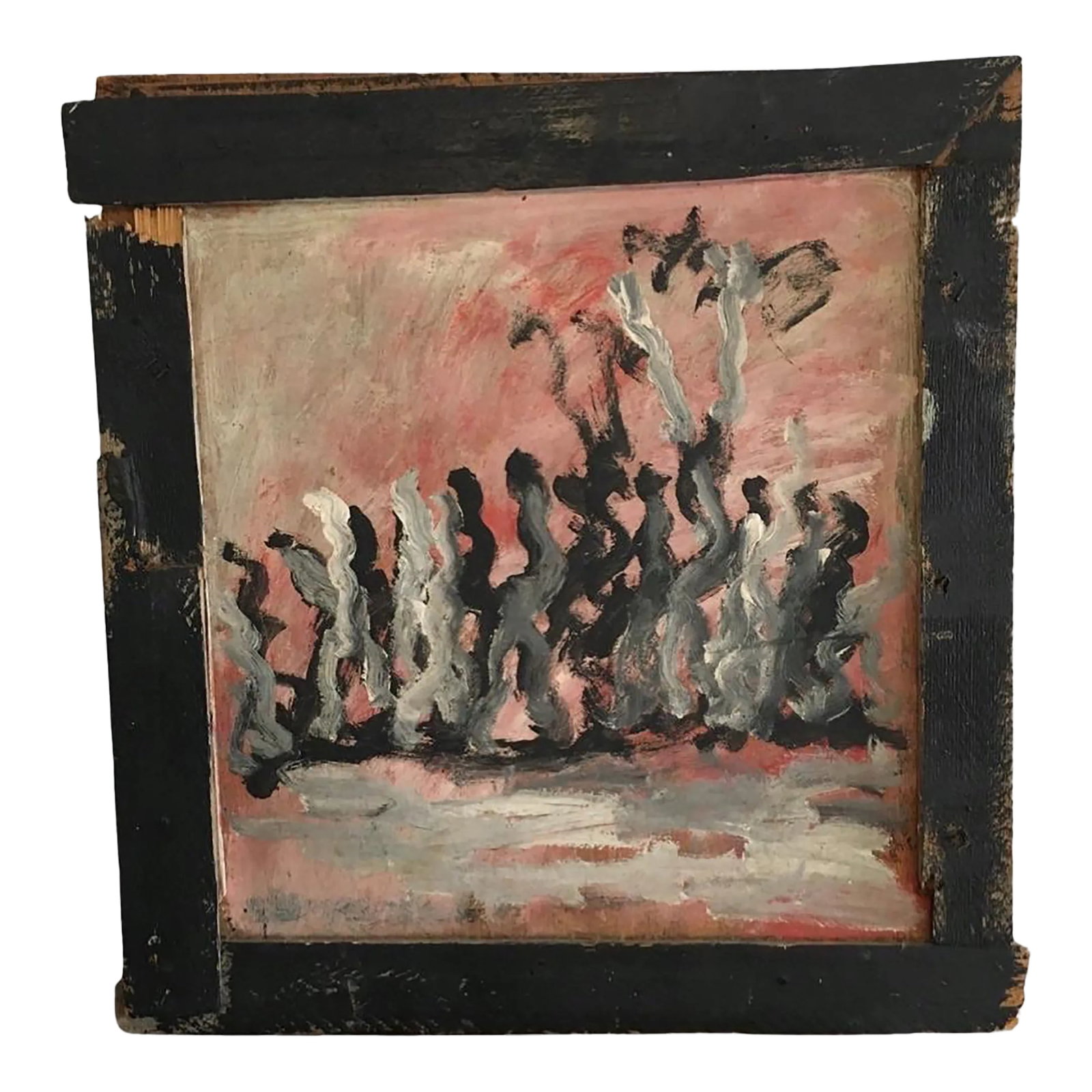 Purvis Young 1990's Abstract Figural Painting on Board and Handmade Frame: Abstract figural painting on board by self taught outsider artist Purvis Young. The colors of pale salmon and pink-peach blend effortlessly with blacks, grays and the colors of a Miami sunsetting hour