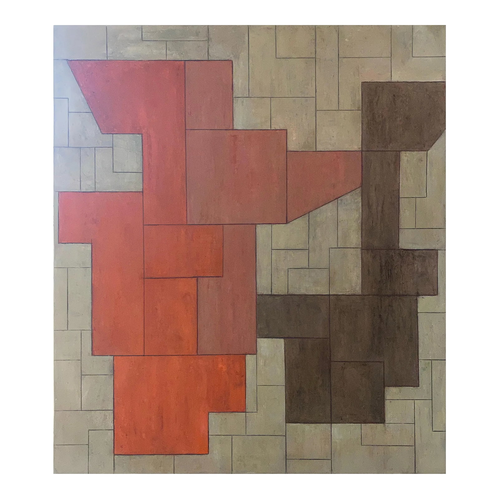 Contemporary Geometric Abstract Oil Painting Earth Tones by Stephen Cimini: Geometric floating shapes on a lighter geometric background. The smaller shapes within the larger shape are separated by different earth tones/colors. The composition has a Mid-Century Modern feel.